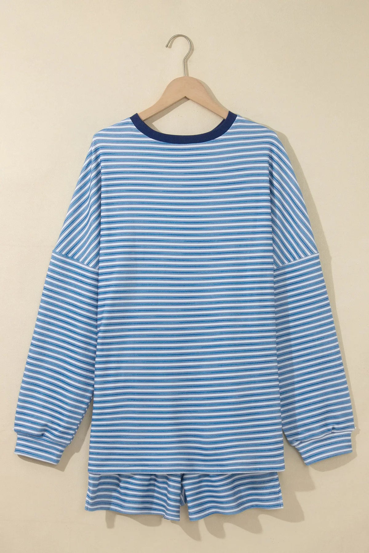 Long Sleeve Oversized Top Pocketed Casual Shorts Two Piece Set – Sky Blue Stripe