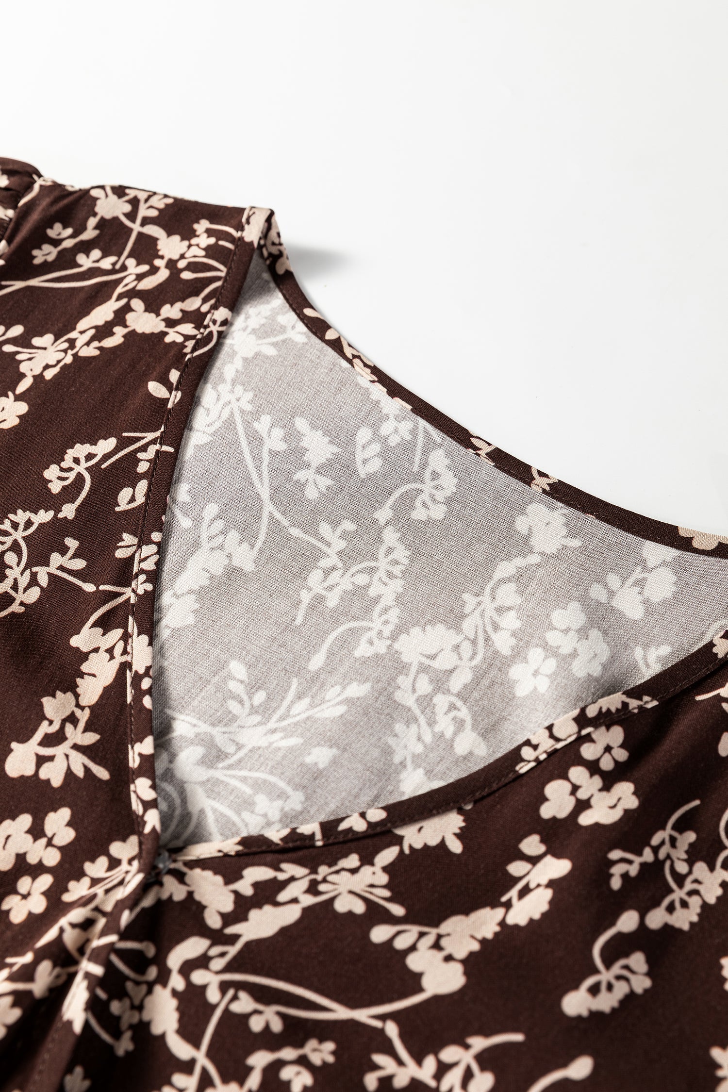 Ditsy Floral Print Split Neck Long Sleeve Shirred Waist Flared Mini Dress - Dresses/Mini Dresses