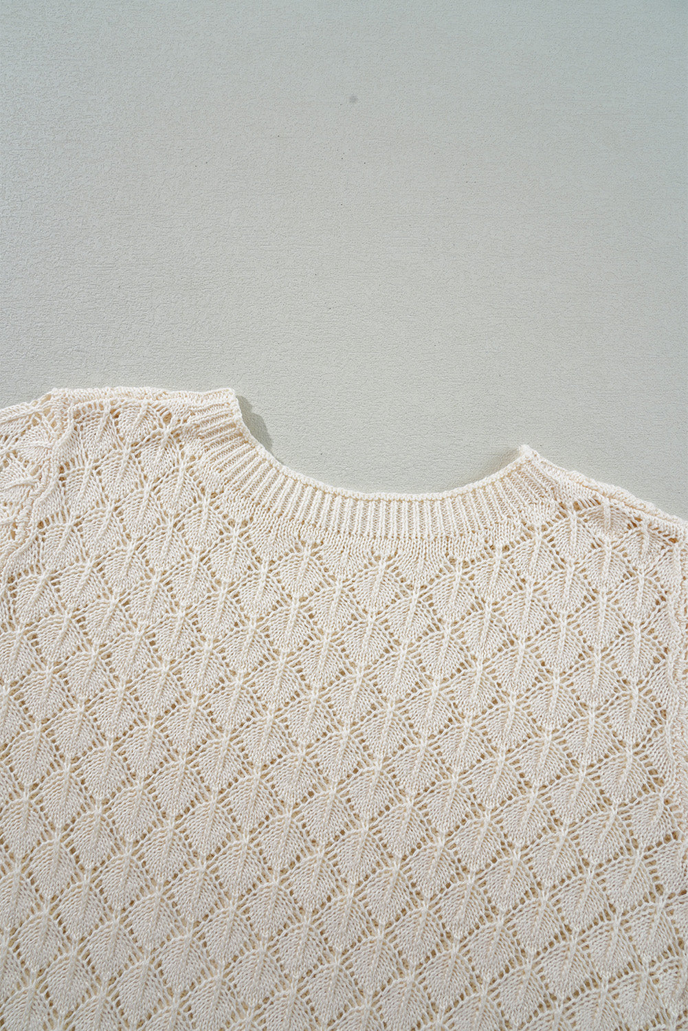 Beige Hollow Out Crochet O Neck Short Sleeve Sweater Tee eAura