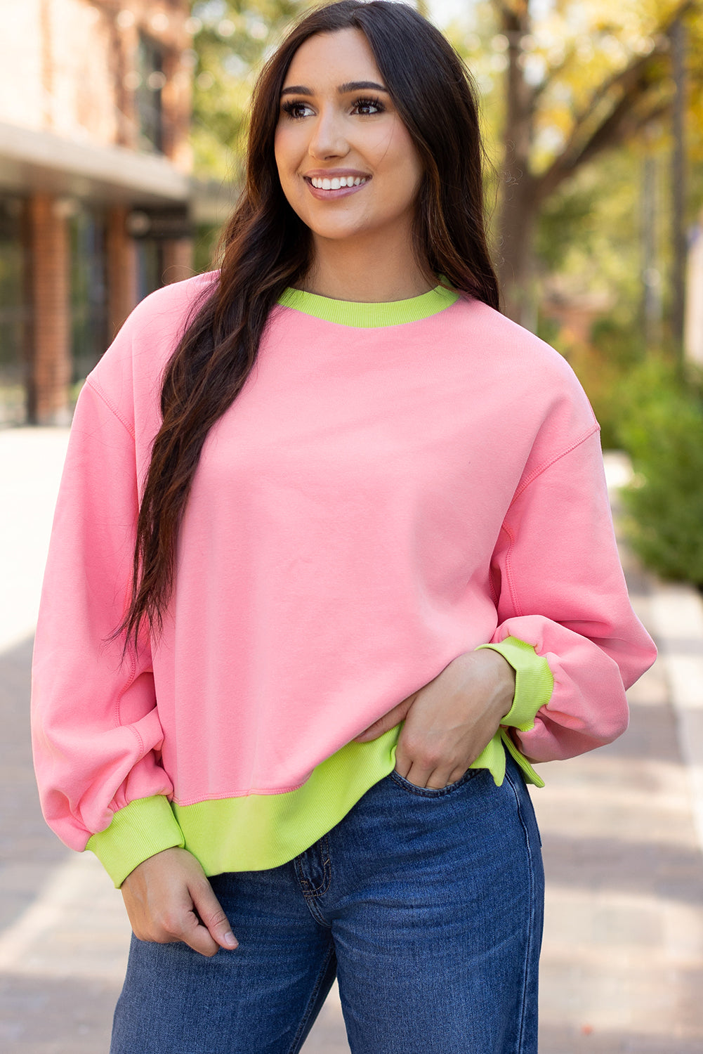 Pink Colourblock Bubble Sleeve Sweatshirt eAura