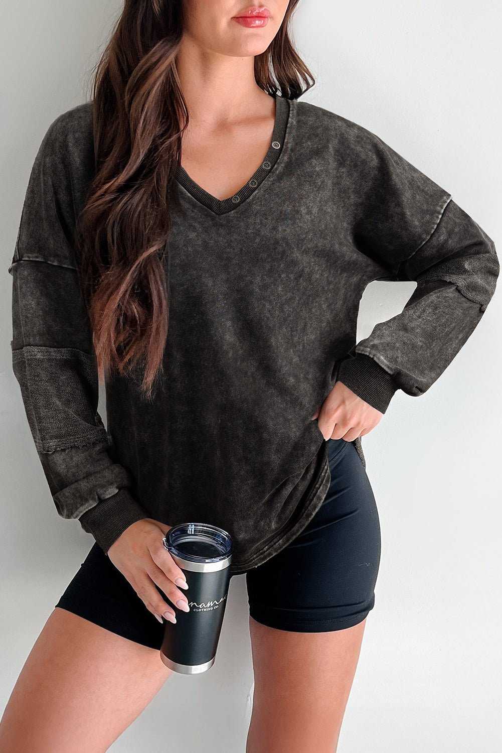 Mineral Wash Exposed Seam Buttoned V-Neck Pullover Top eAura