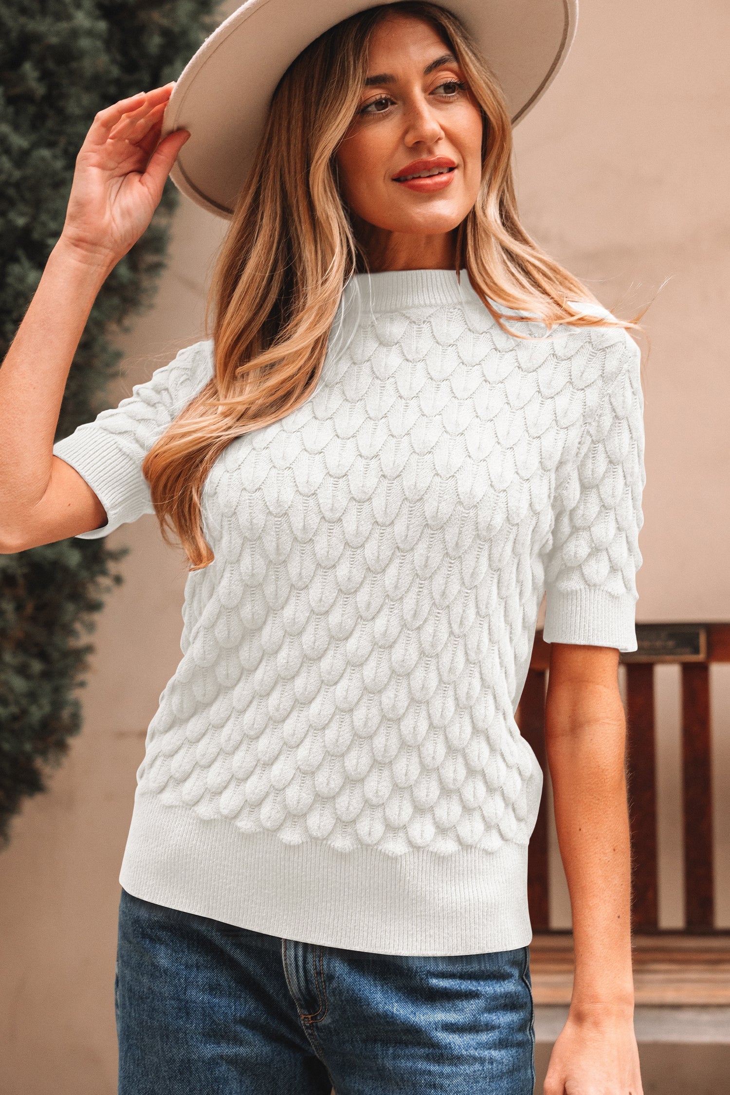Fish Scale Textured Knit Ribbed High Neck Short Sleeve Sweater - eAura