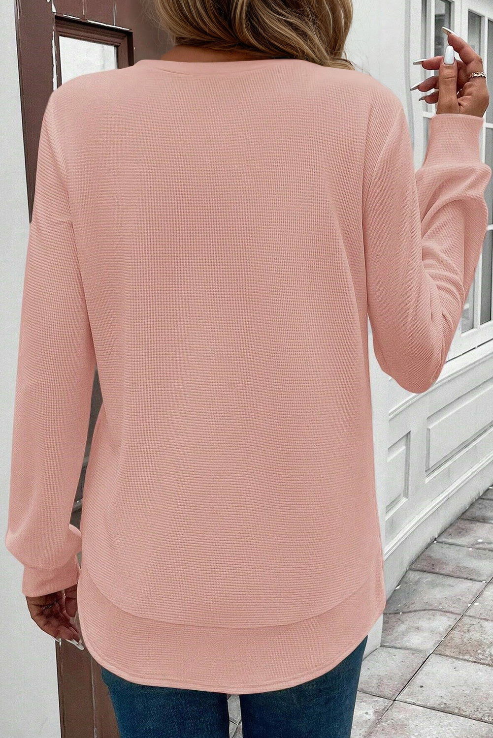 Rounded Hem Waffle Long Sleeve Top - eAura