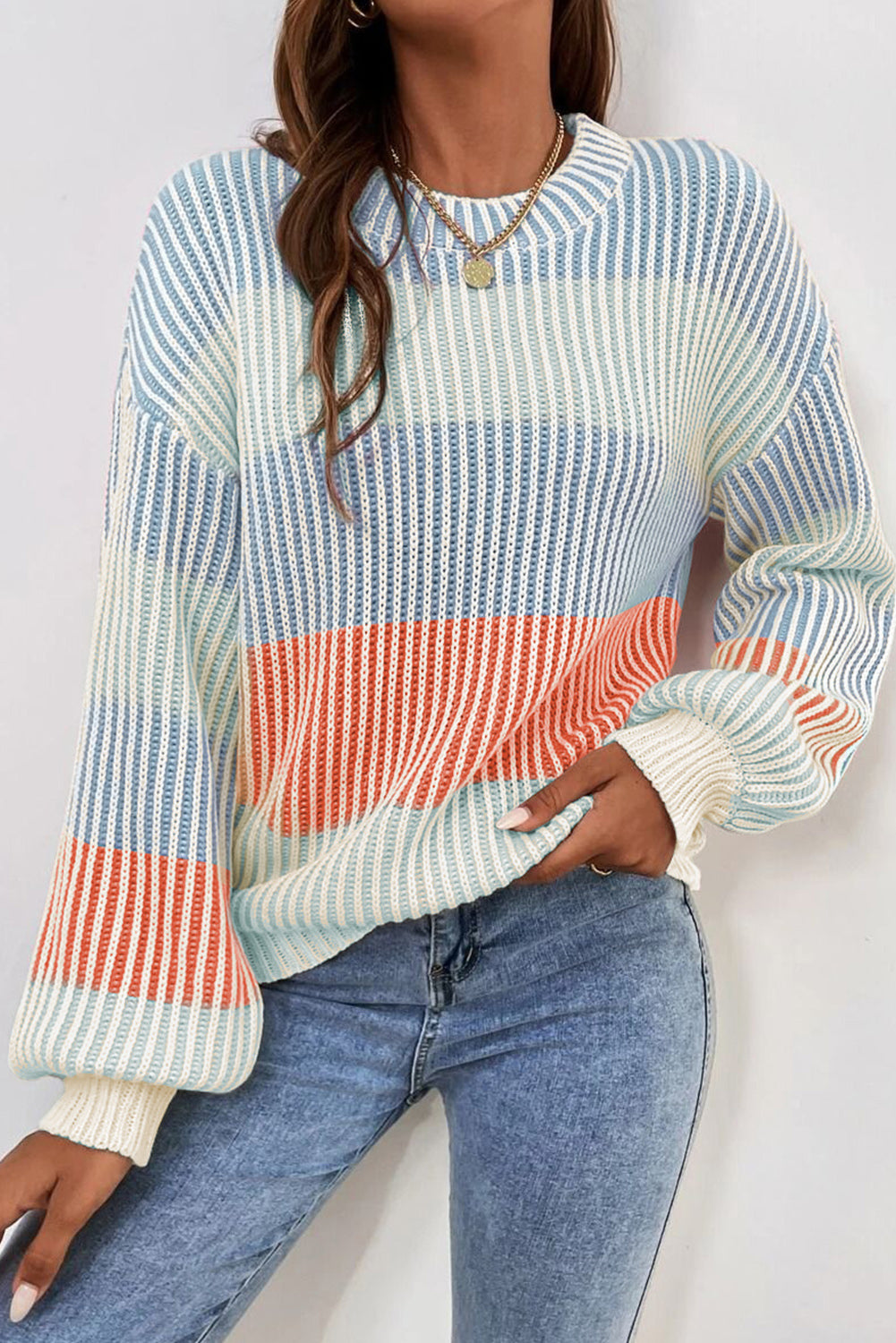 Multicolour Colourblock Textured Knit Bubble Sleeve Sweater eAura