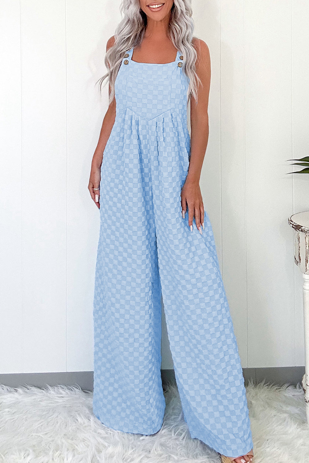 Beau Blue Checkered Pocketed High Waist Wide Leg Overall Dungarees eAura