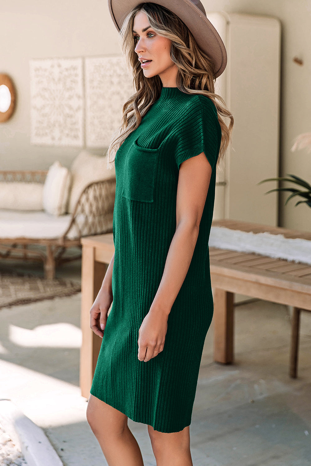 Blackish Green Patch Pocket Ribbed Knit Short Sleeve Sweater Dress eAura