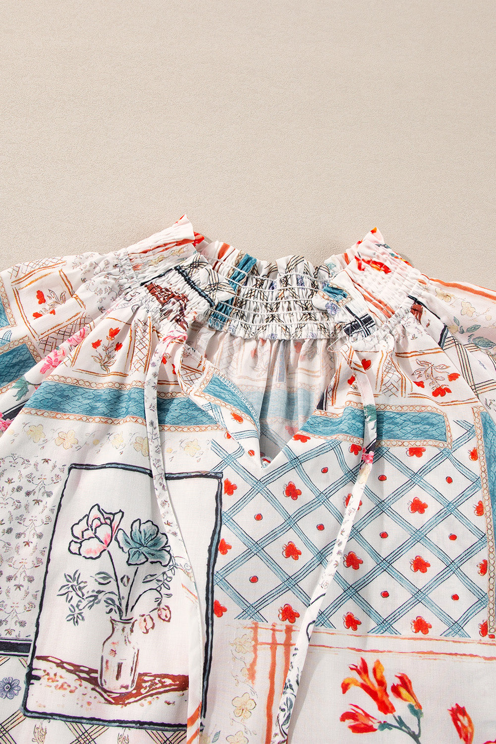 Multicolour Boho Floral Patched Ruffled Sleeve Tied Neck Blouse Beagle Boutique Fashion Outlet