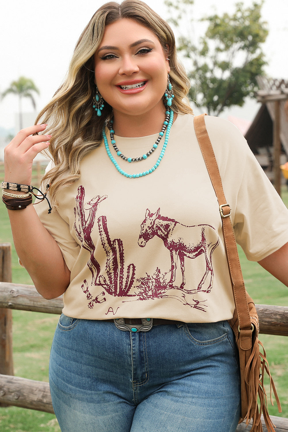 Parchment Western Burro Cactus Crew Neck Graphic Tee BB Fashion Outlet