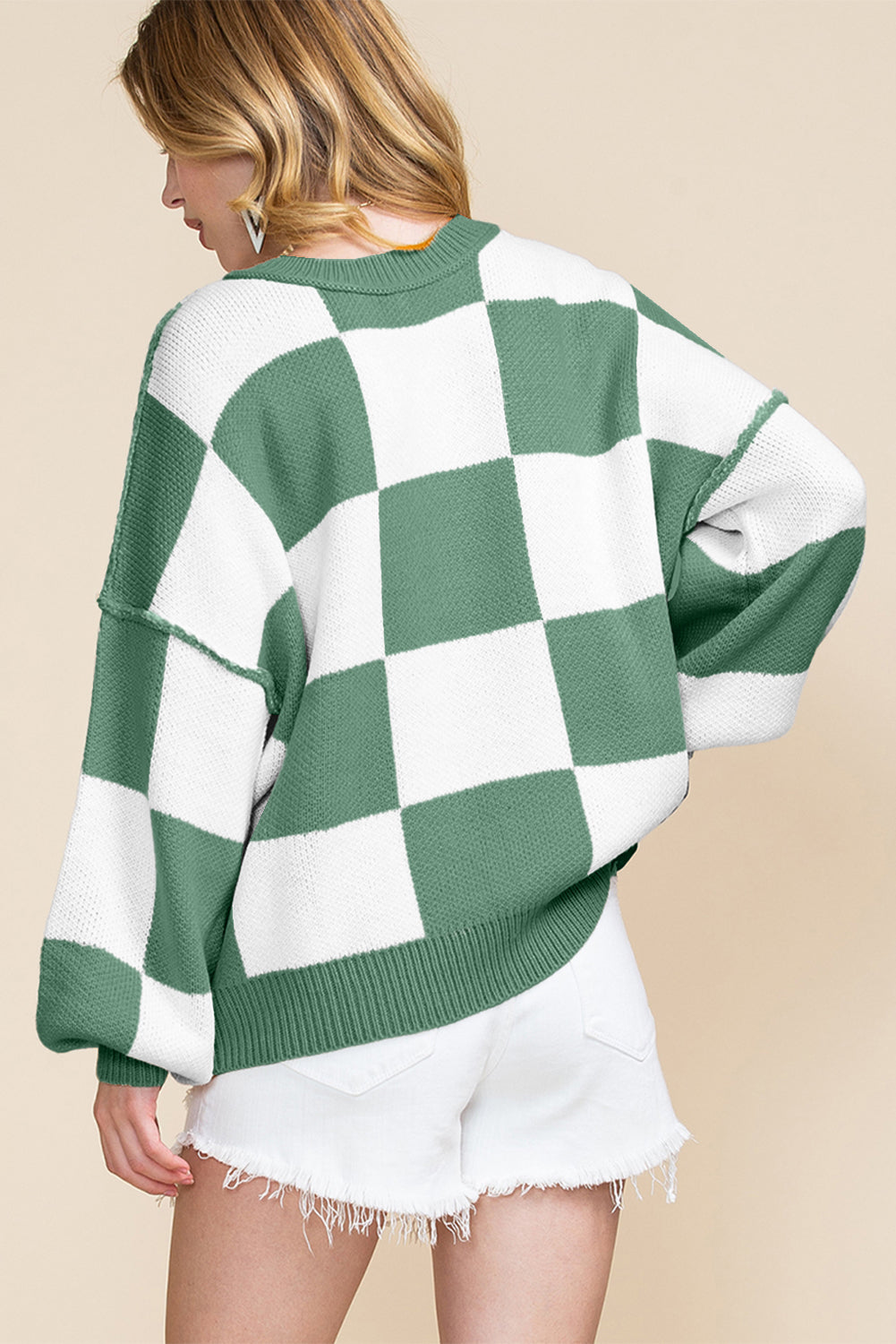Rose Stripe Checkered Bishop Sleeve Sweater eAura
