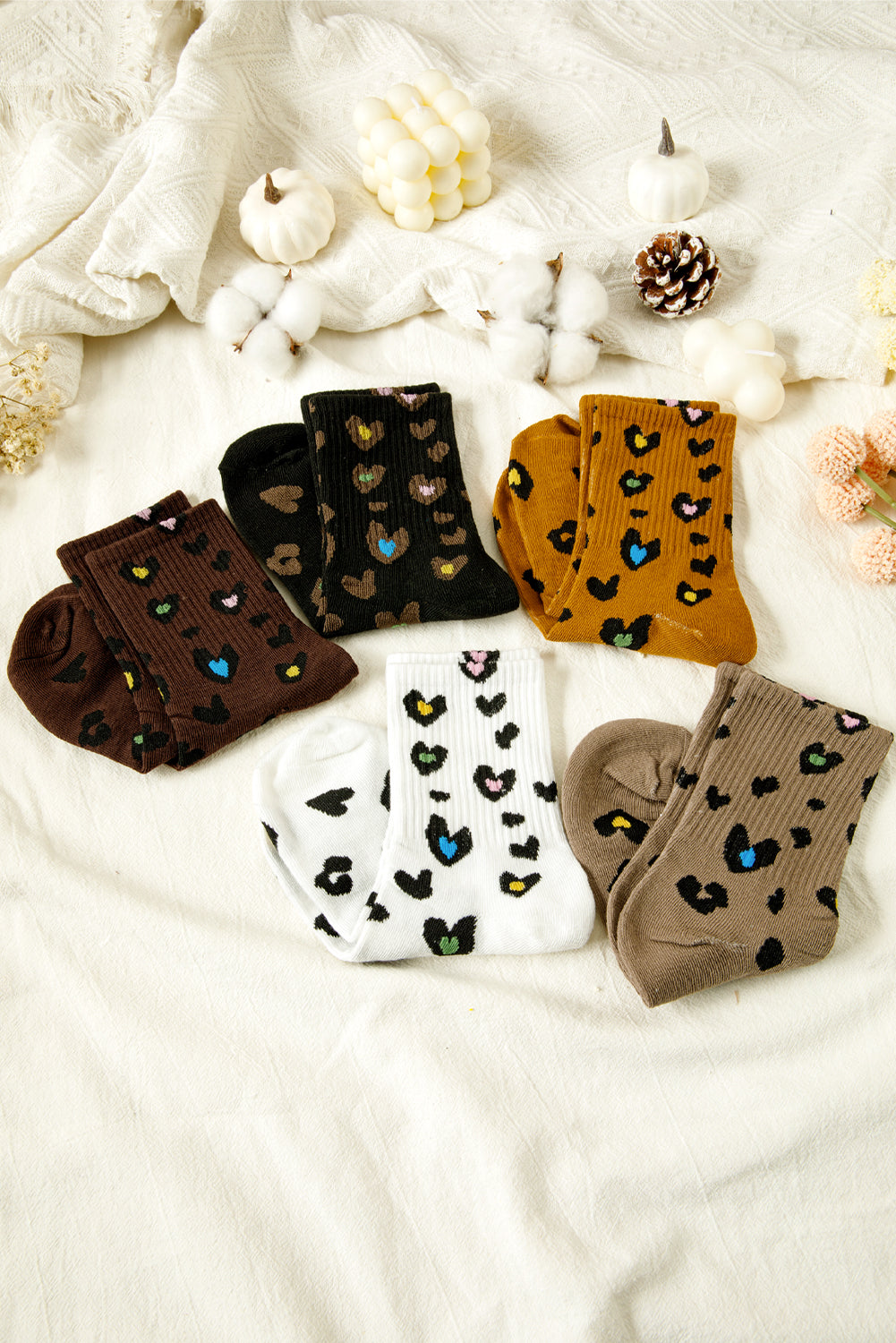 5 Pairs Ribbed Trim Heart Leopard Print Socks