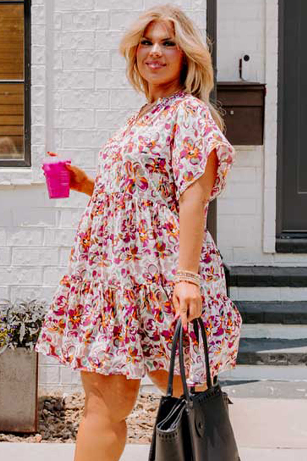 White Abstract Print V Neck Short Sleeve Ruffled Plus Size Mini Dress BB Fashion Outlet