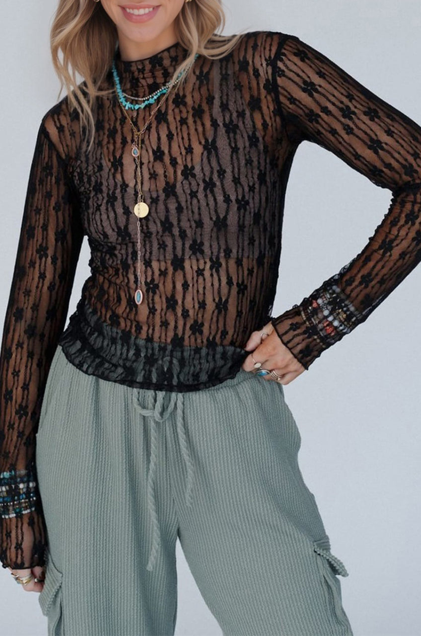 Sheer Floral Lace Long Sleeve Slim Fit Top eAura