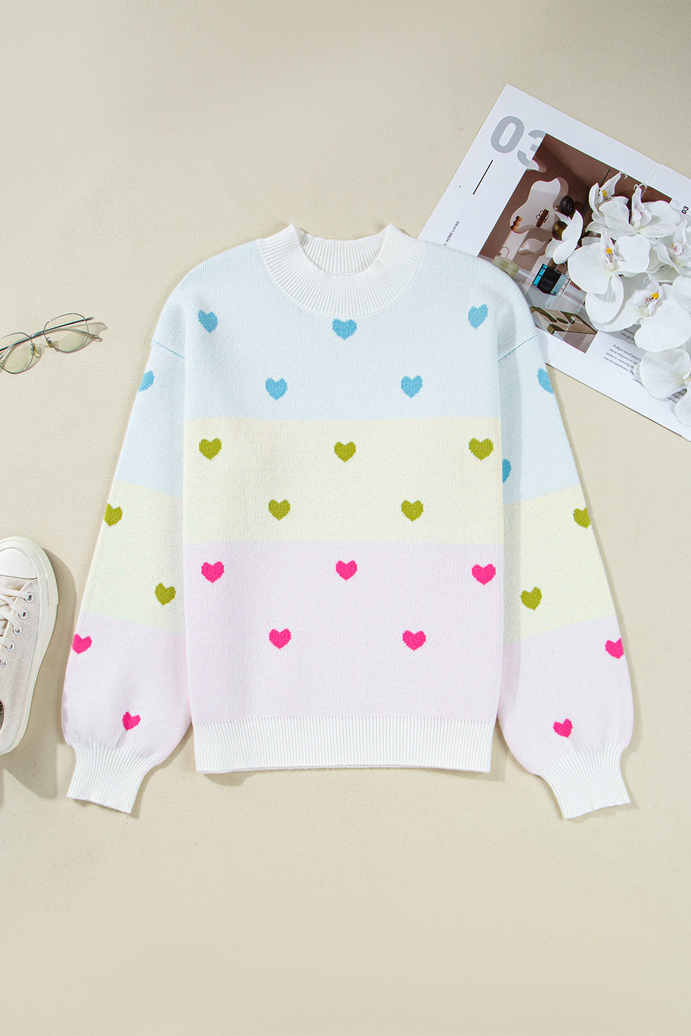 Heart Pattern Knit High Neck Baggy Sweater eAura