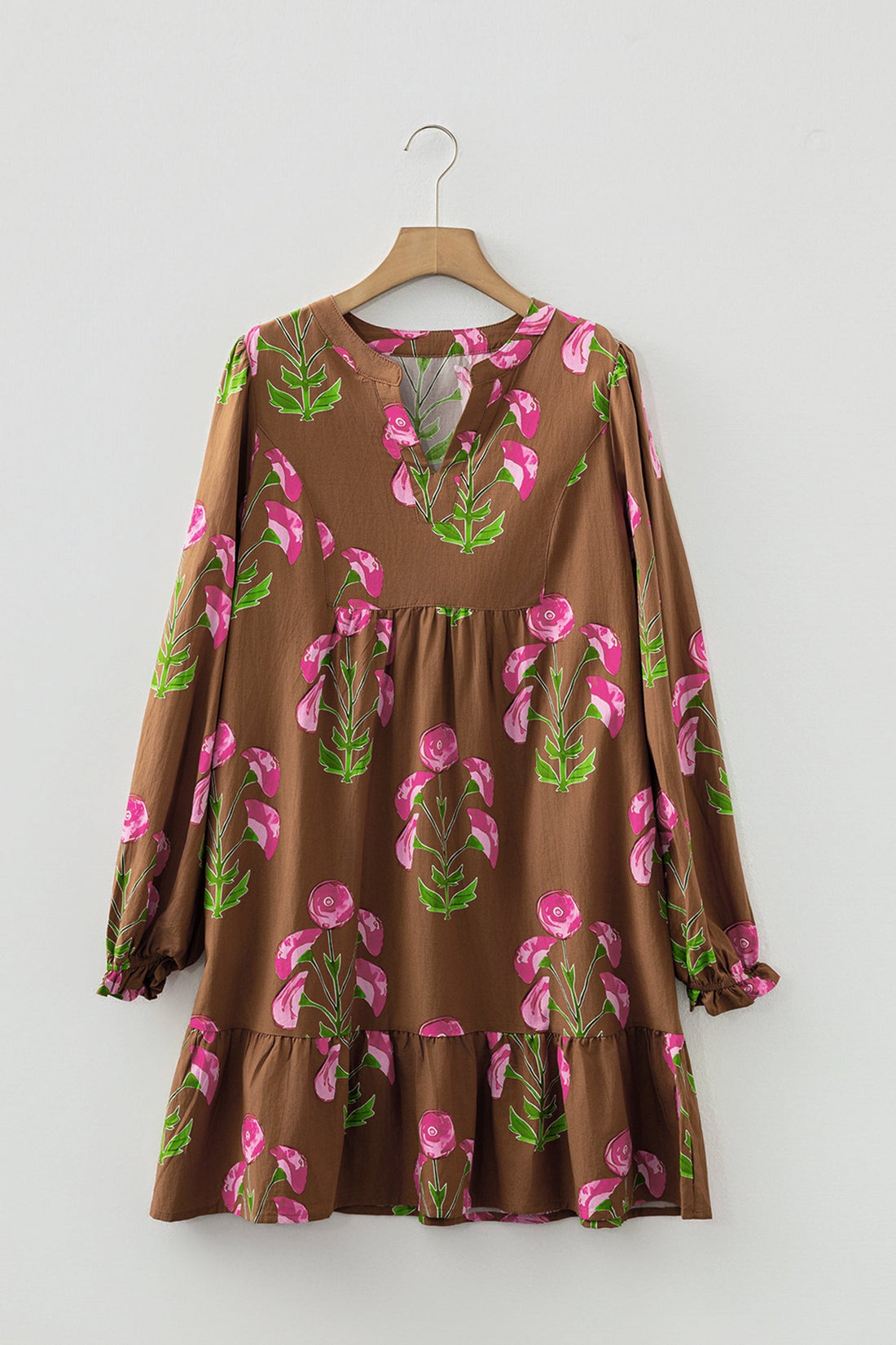 Brown Contrast Floral Print Babydoll Tunic Ruffled Hem Puff Sleeve Dress - Dresses/Floral Dresses