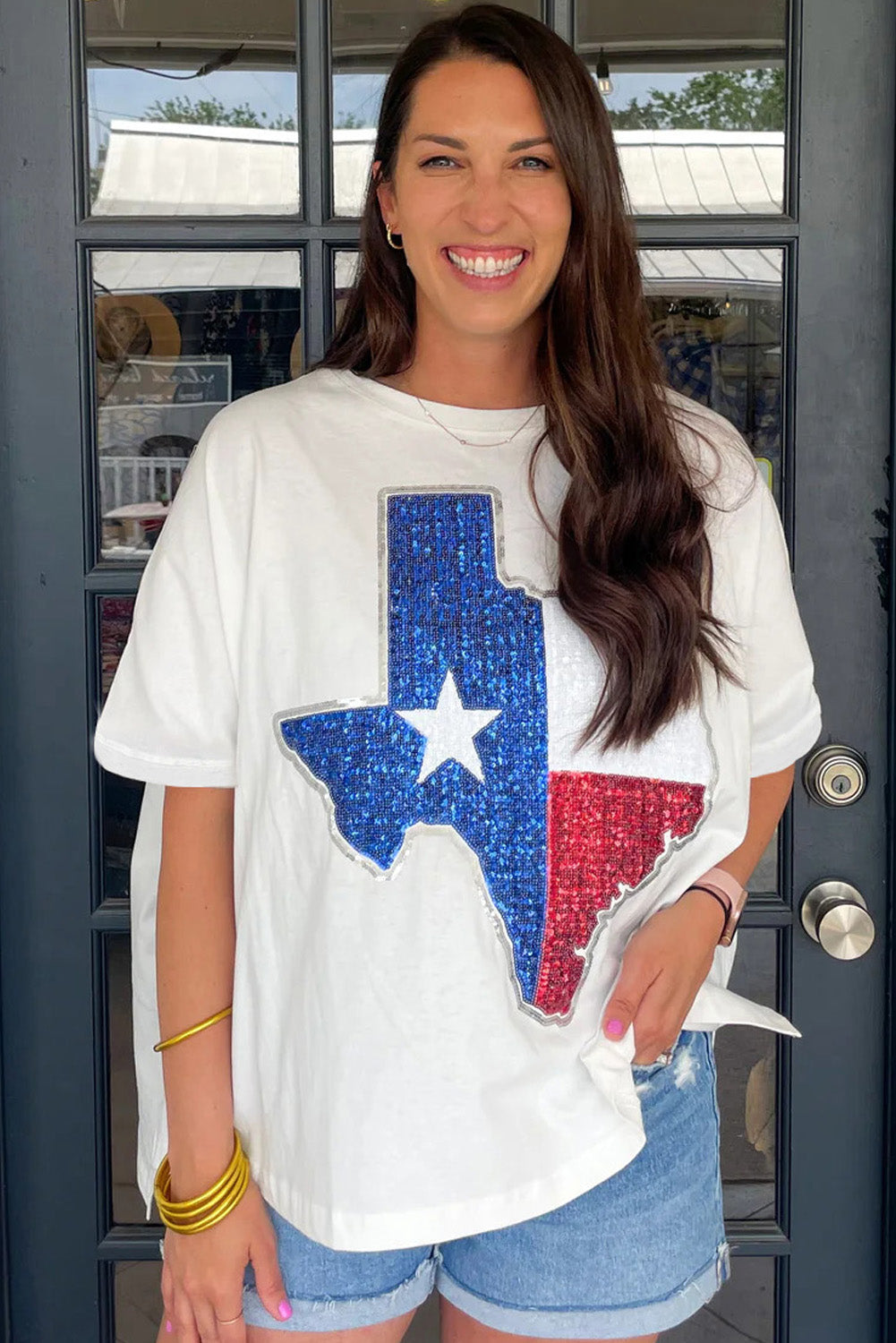 White Sequined Texas Graphic Plus Size T Shirt BB Fashion Outlet