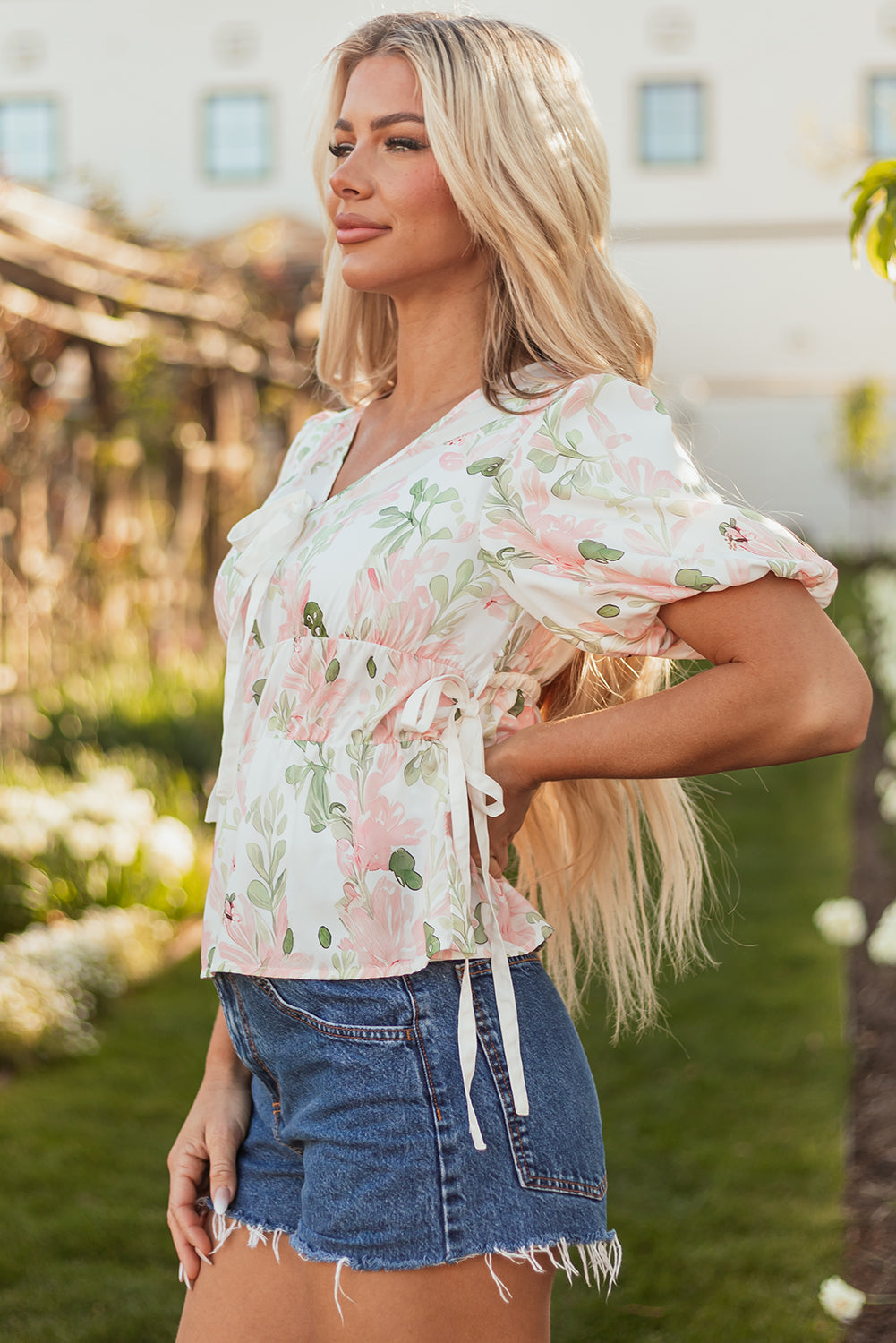 Pink Floral Puff Sleeve V Neck Tied Front Peplum Blouse eAura