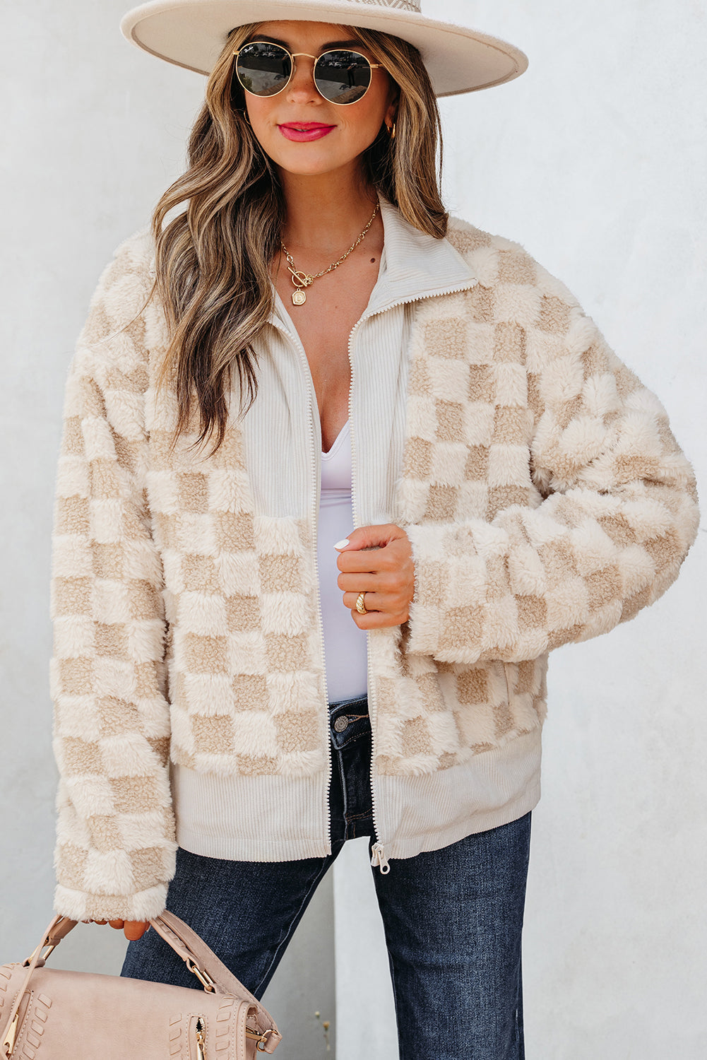 Checker Sherpa Corduroy Patchwork Zip up Collared Jacket eAura