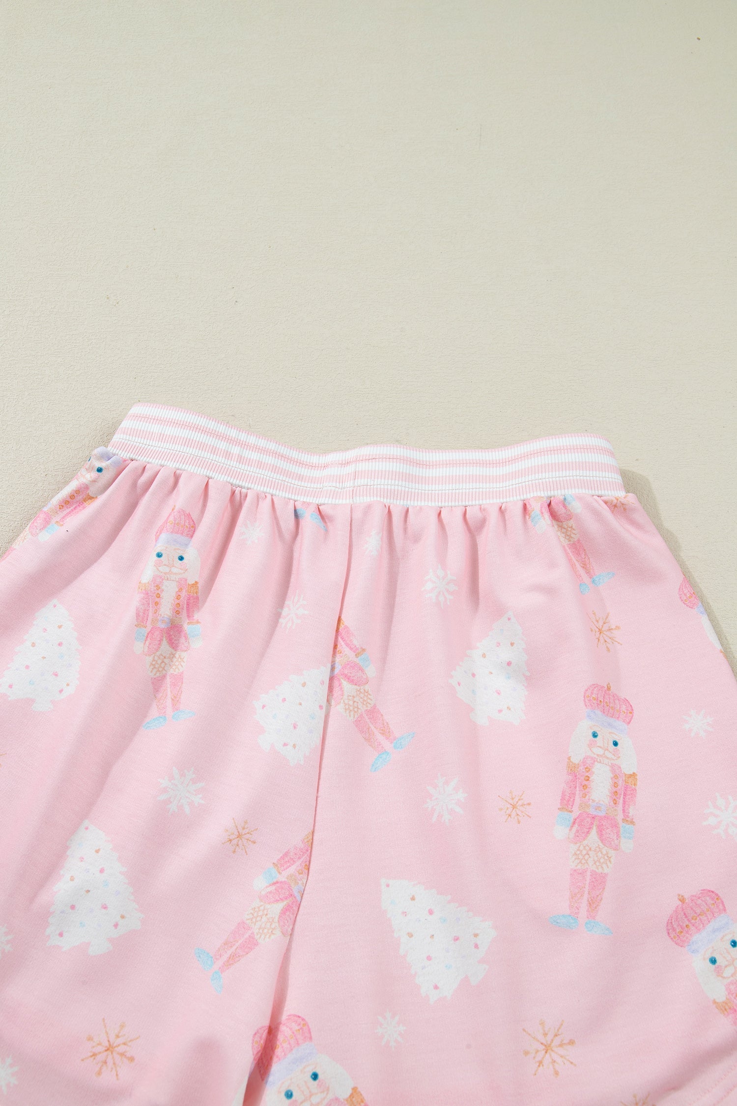 Pink Christmas Tree Nutcracker Doll Print Contrast Trim Long Sleeve Top Matching Shorts Set - Two Piece Sets/Short Sets