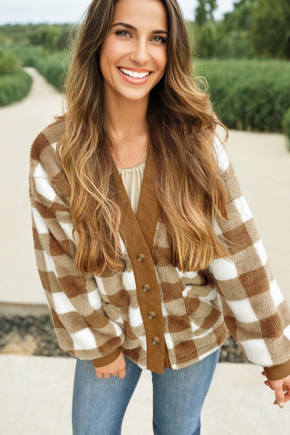Checkered Sherpa Oversized Cardigan with Pockets eAura