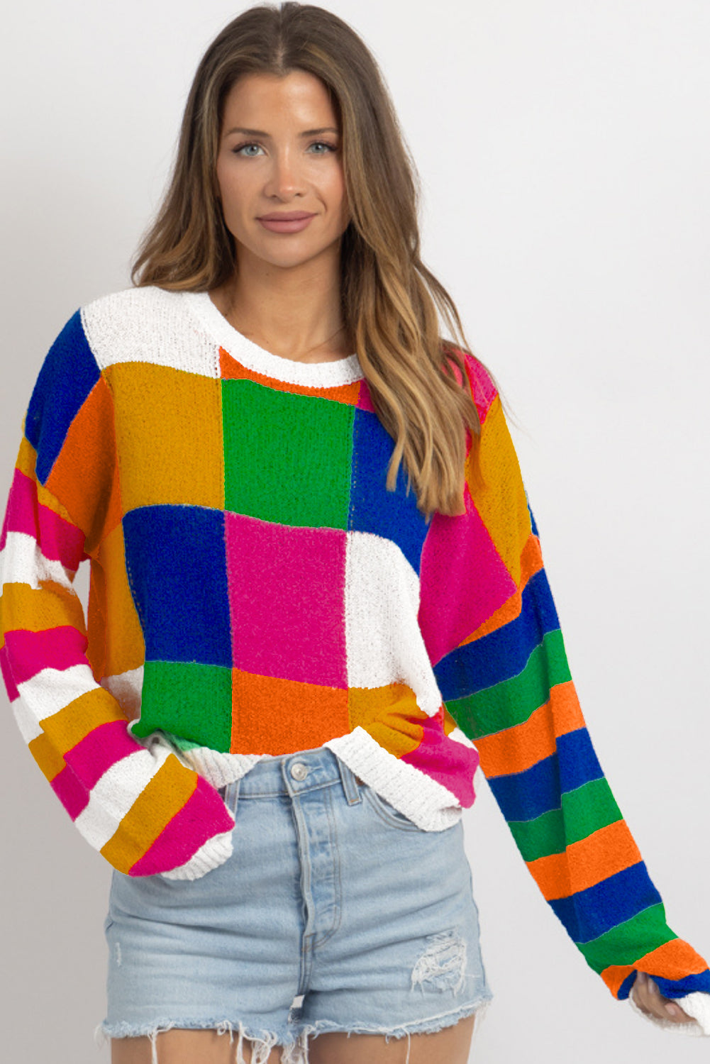 Orange Checkered Colour Block Round Neck Loose Sweater eAura