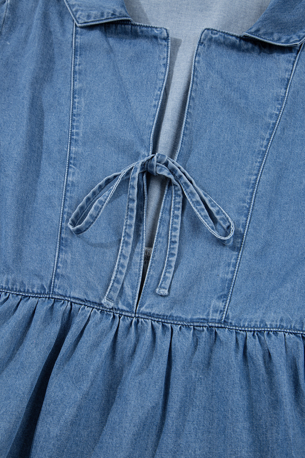 Dusk Blue Denim Lapel Neck Balloon Sleeve Tied Peplum Top Dear-Lover Dropshipping