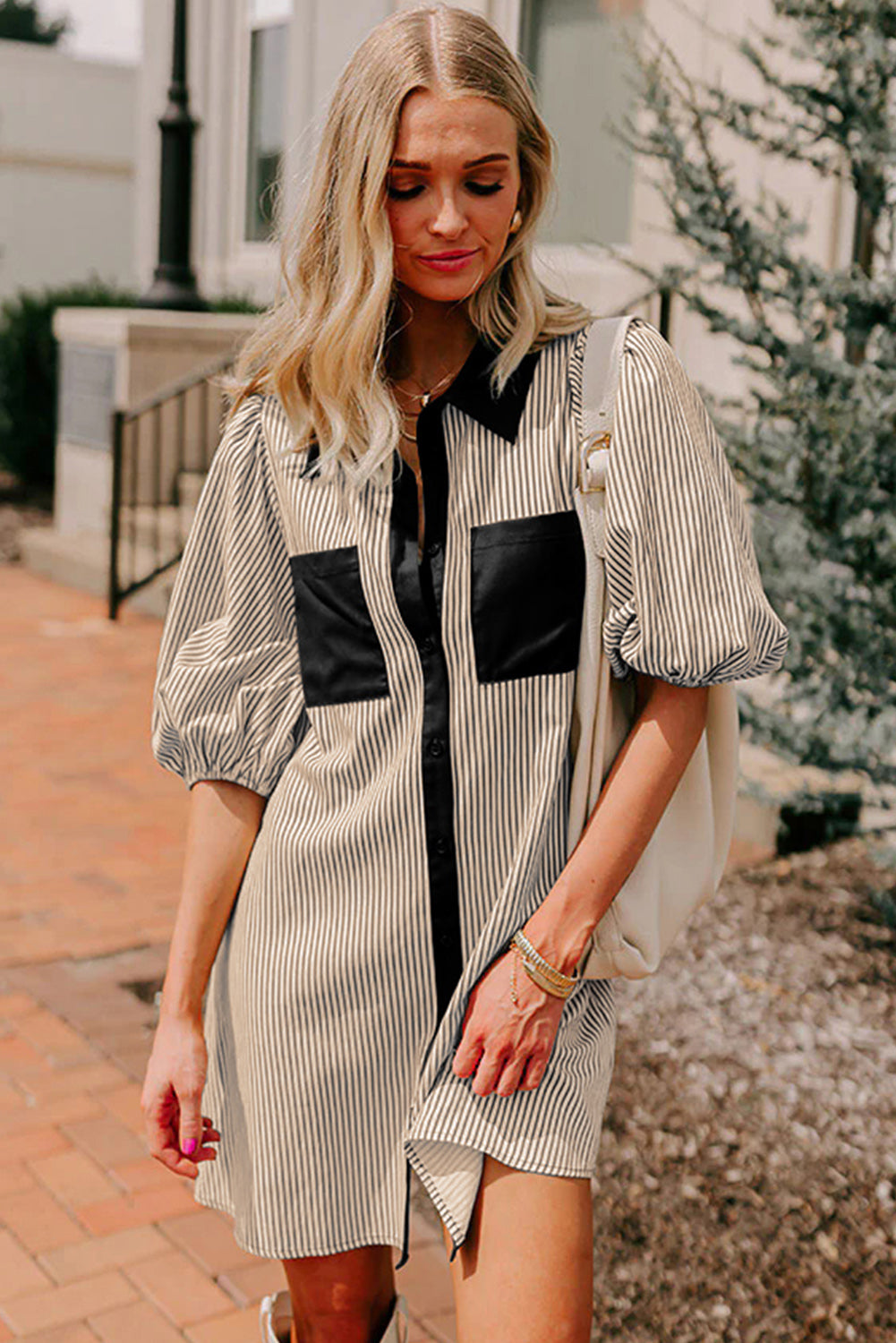 Striped Colour Block Patchwork Shirt Collar Button Down Puff Sleeve Mini Dress
