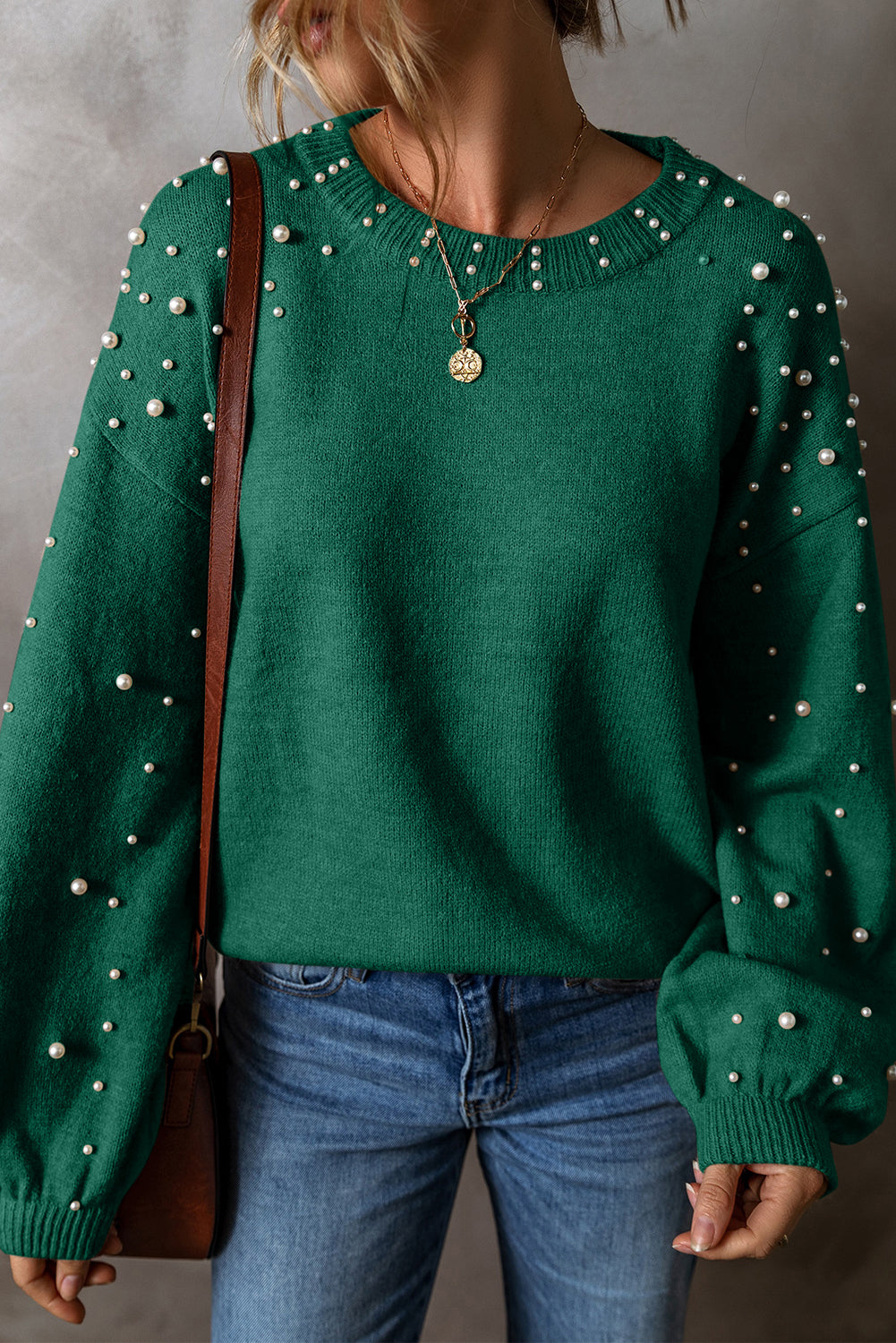 Evergreen Pearled Drop Shoulder Round Neck Sweater eAura