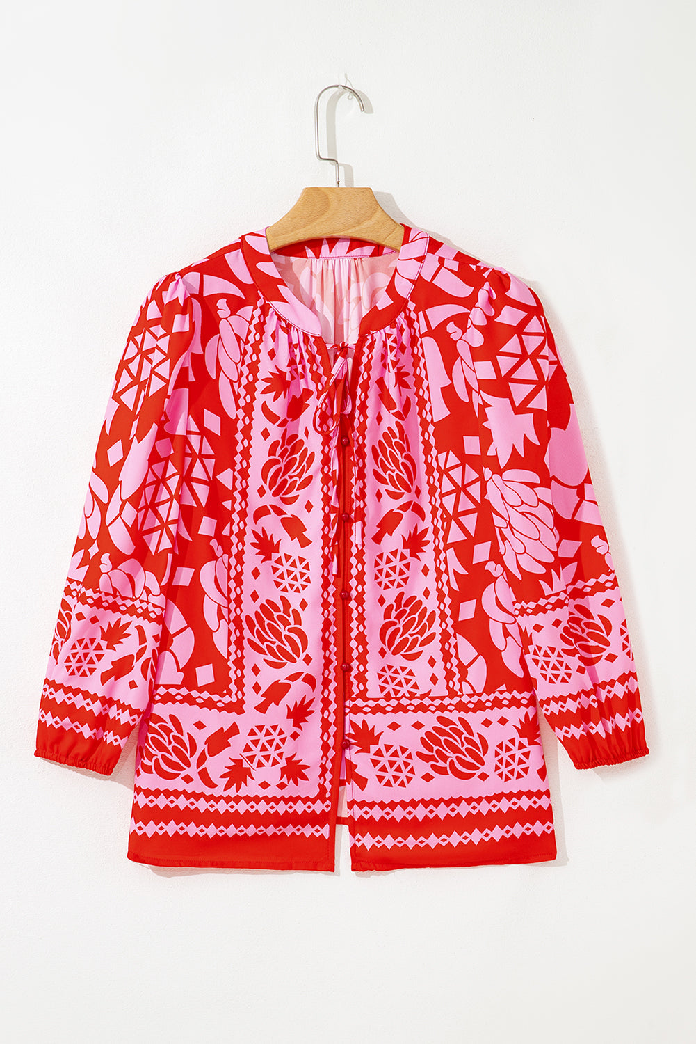 Abstract Floral Print Tie Neck Button Decor 3/4 Sleeve Blouse - eAura