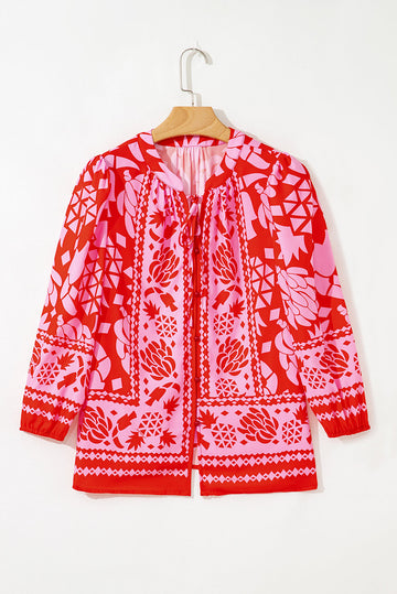 Abstract Floral Print Tie Neck Button Decor 3/4 Sleeve Blouse - eAura