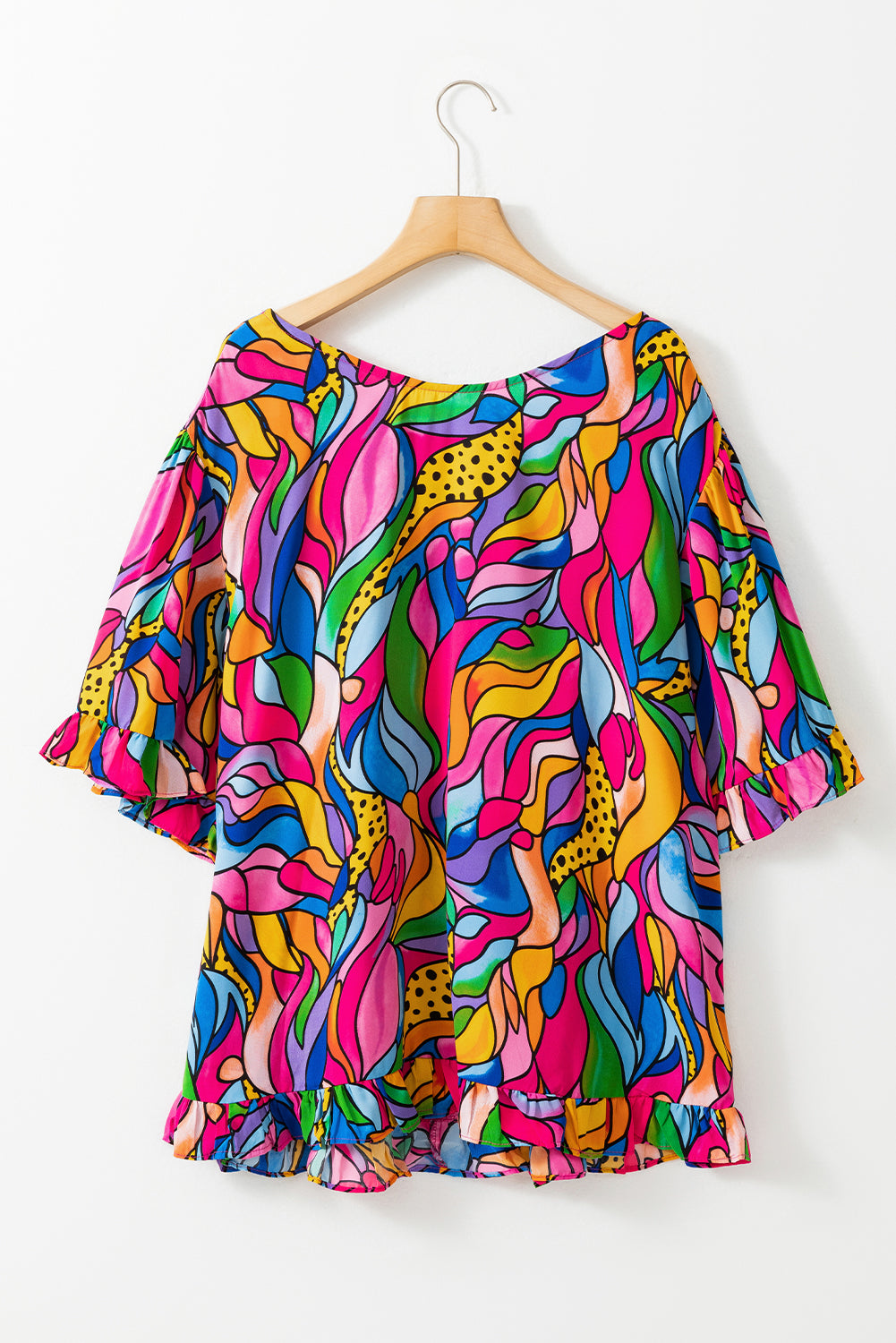 Rose Abstract Print Plus Size Frilly Trim Blouse BB Fashion Outlet
