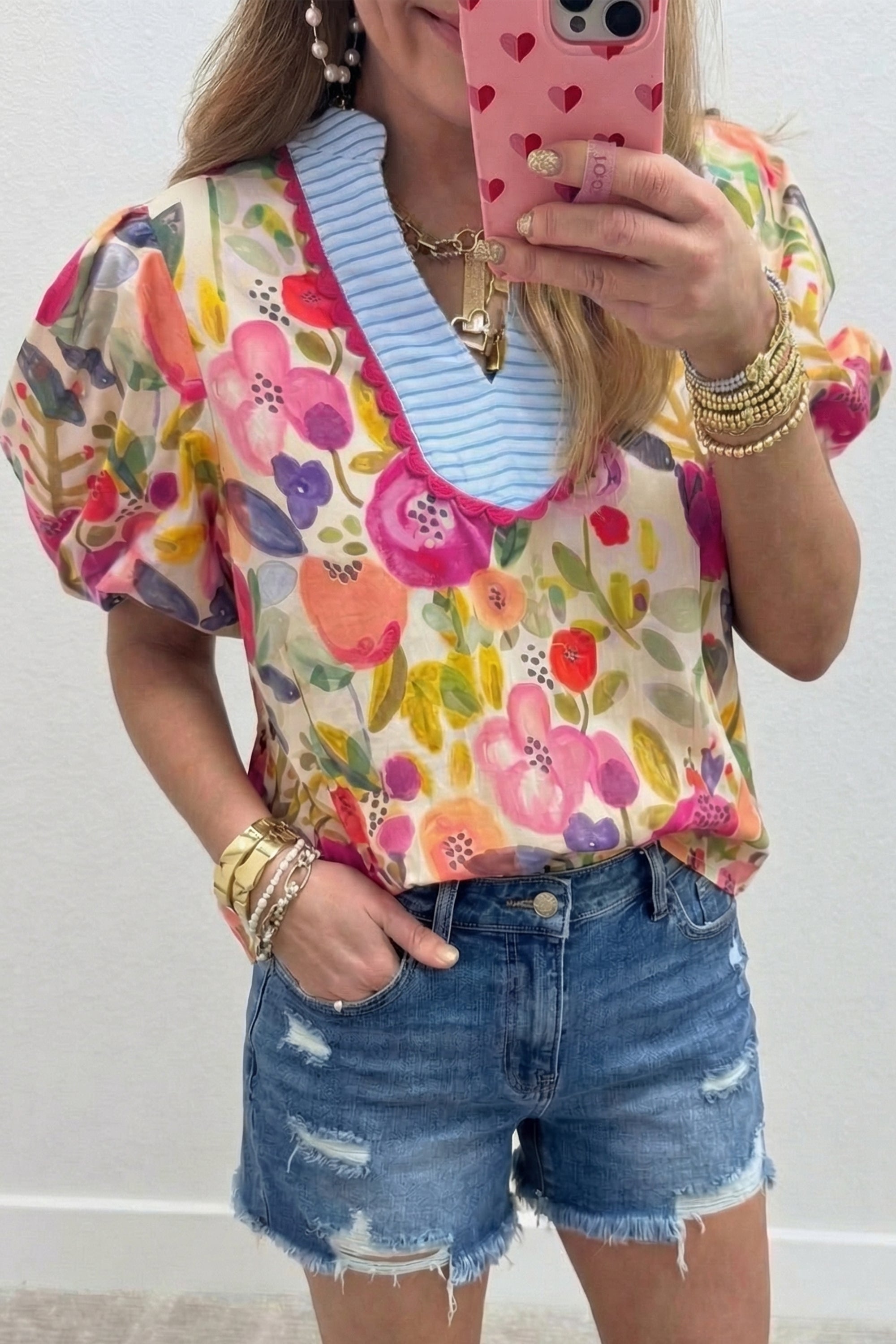 Floral Print V Neck Short Puff Sleeve Cotton Blouse – Rose