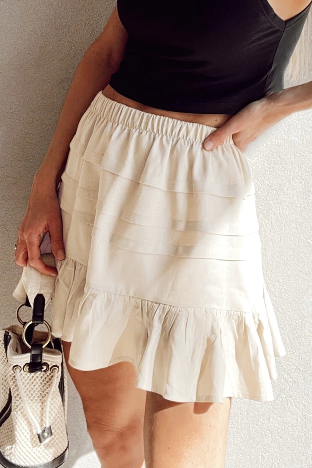 Beige Tiered Ruffled Hemline Elastic Waist Mini Skirt eAura
