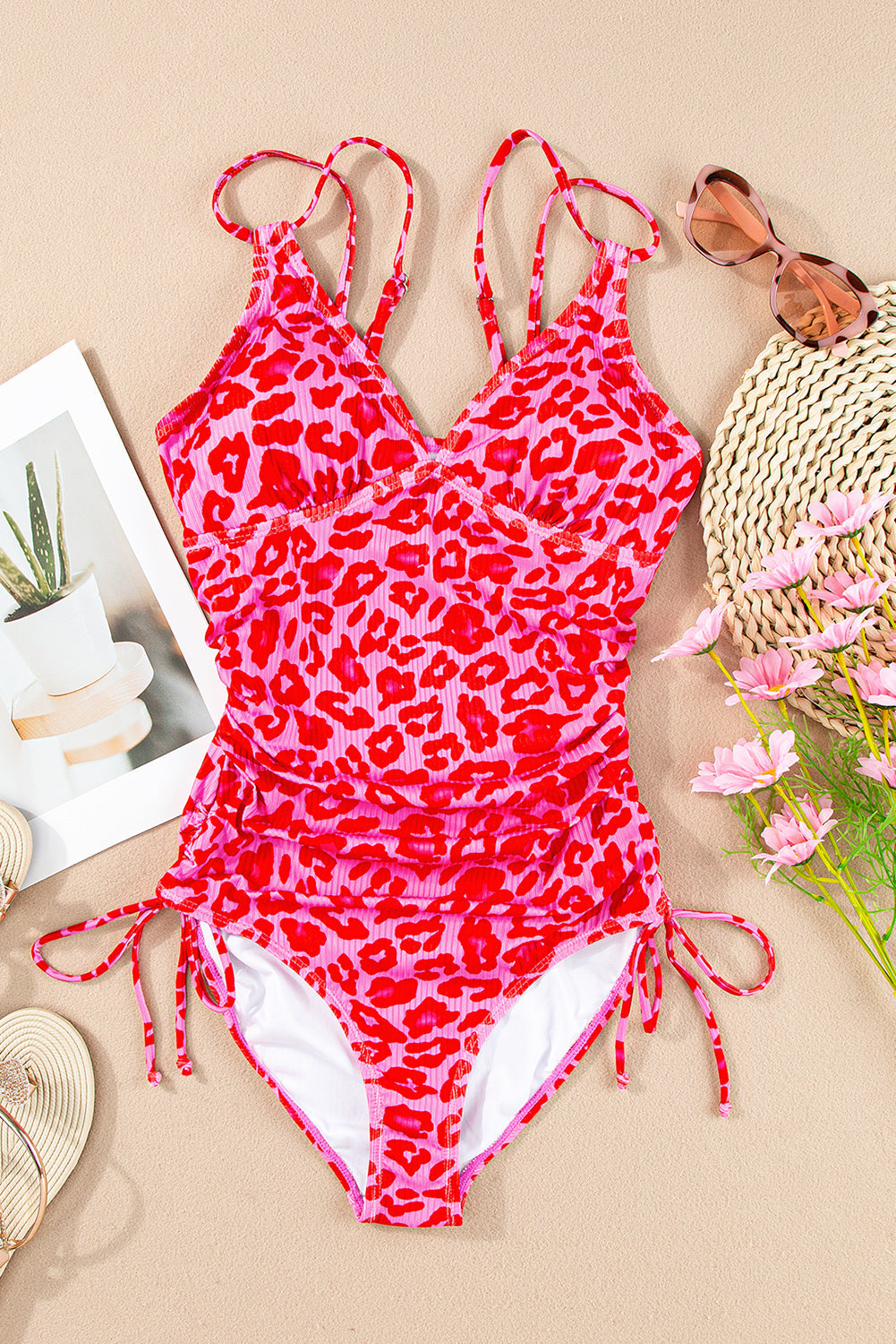 Leopard Orange Adjustable Straps Ribbed Knit One Piece Swimsuit BB Fashion Outlet