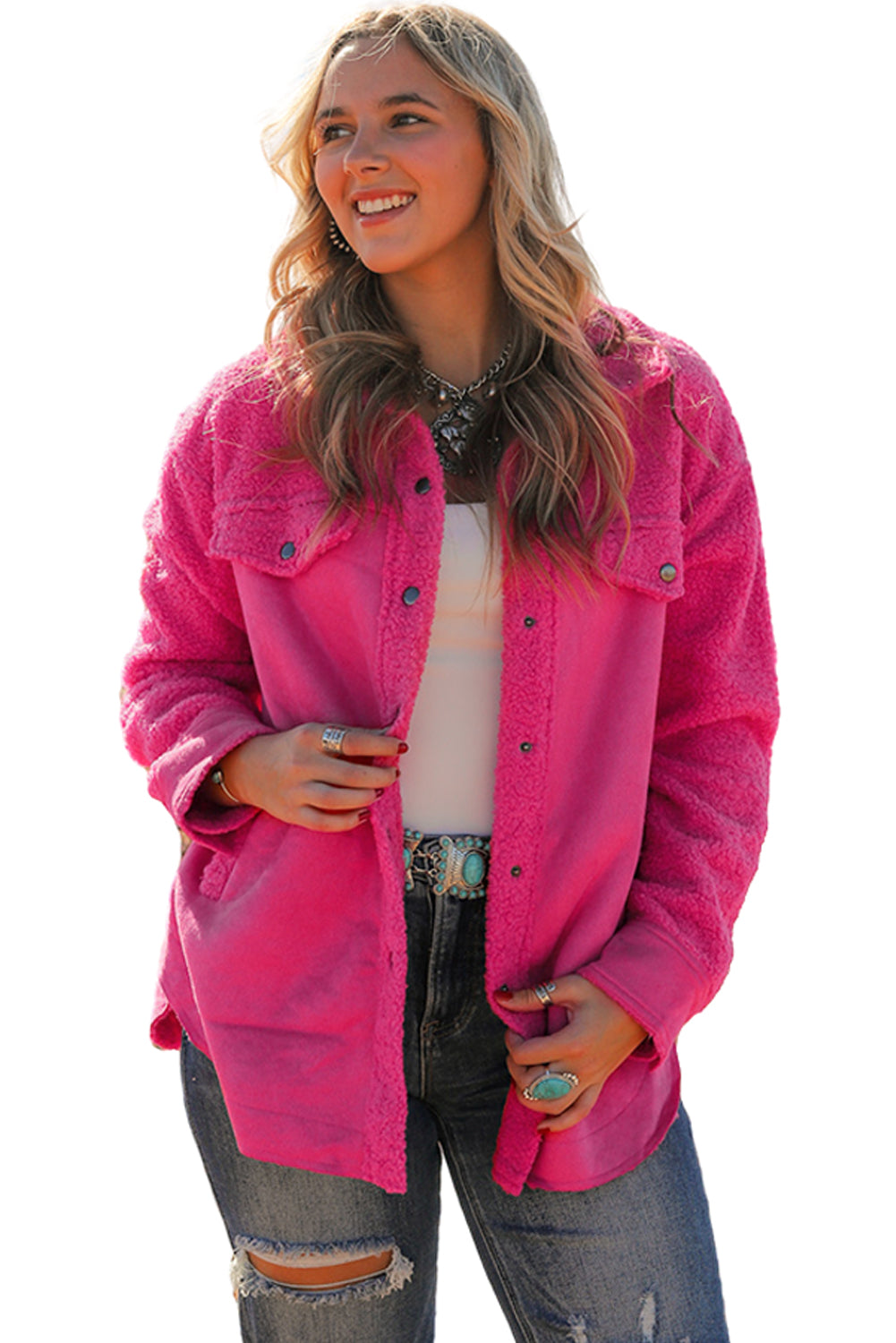 Bright Pink Faux Suede Sherpa Patchwork Button-up Shacket Beagle Boutique Fashion Outlet