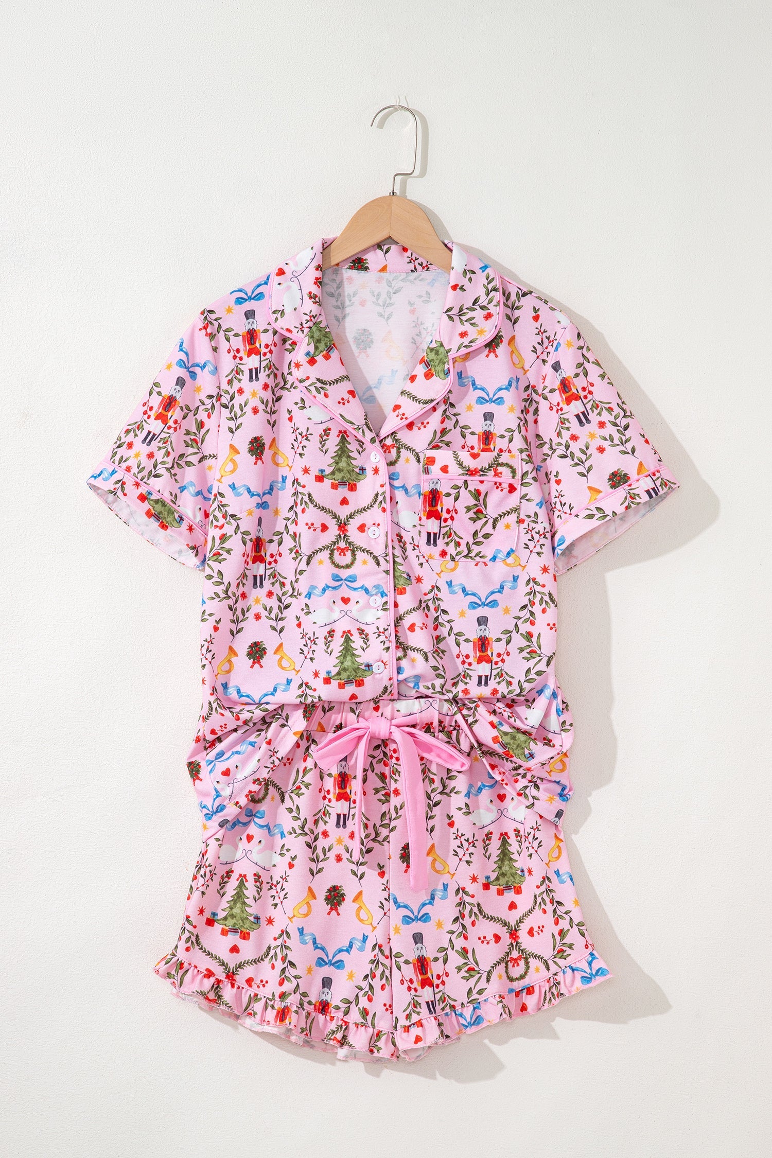 Nutcracker Doll Christmas Print Ribbon Tie Waist Short 2pcs Pajama Set - Loungewear & Sleepwear/Sleepwear