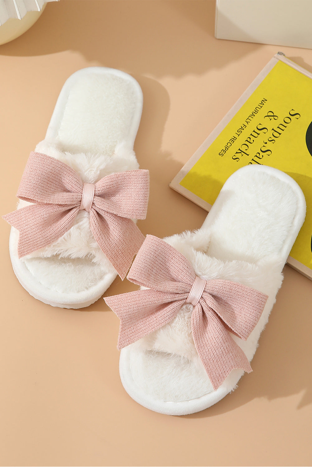White Bow Knot Decor Open Toe Plush Slippers BB Fashion Outlet