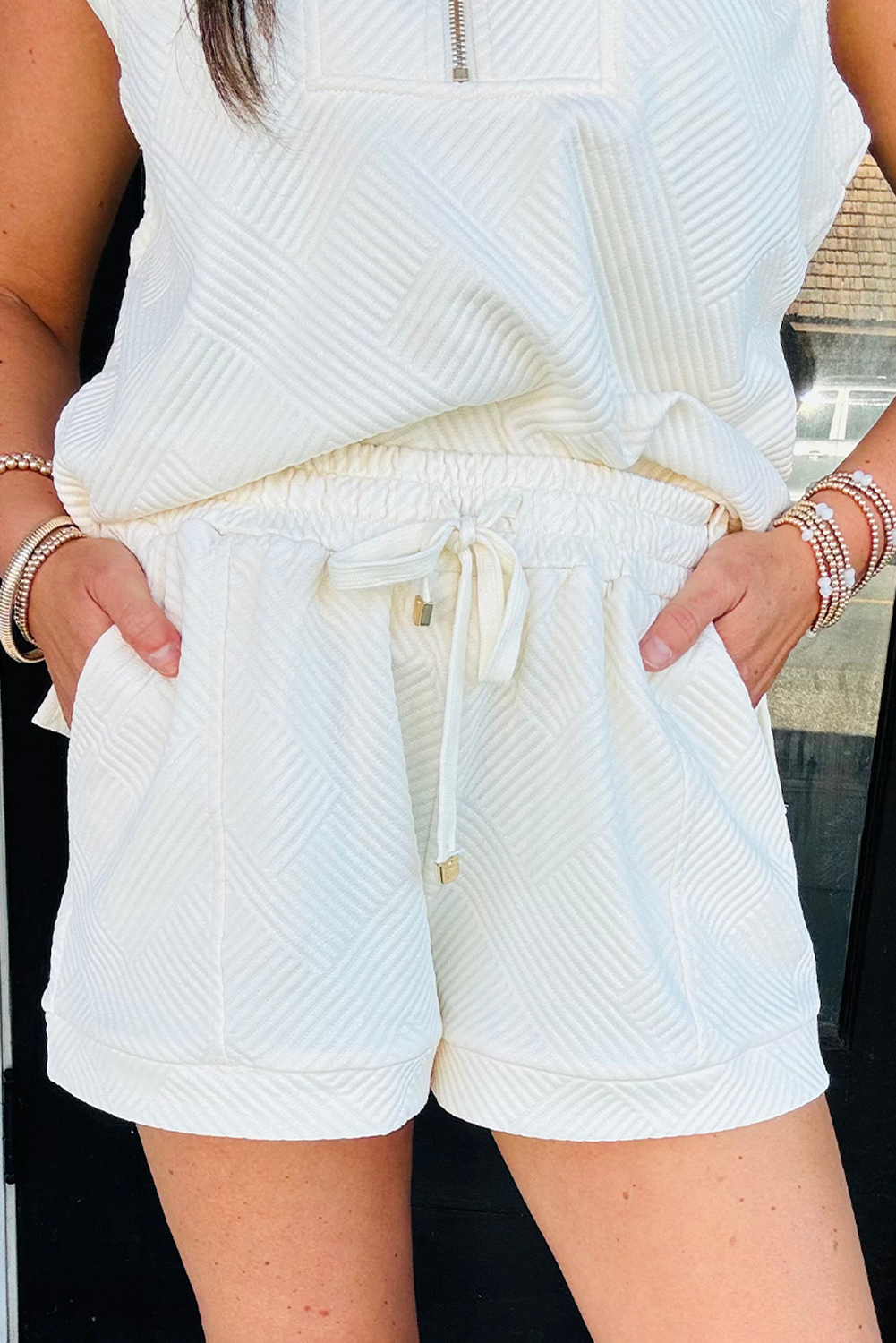 White Textured Half Zip Tank Top Drawstring Shorts Set eAura