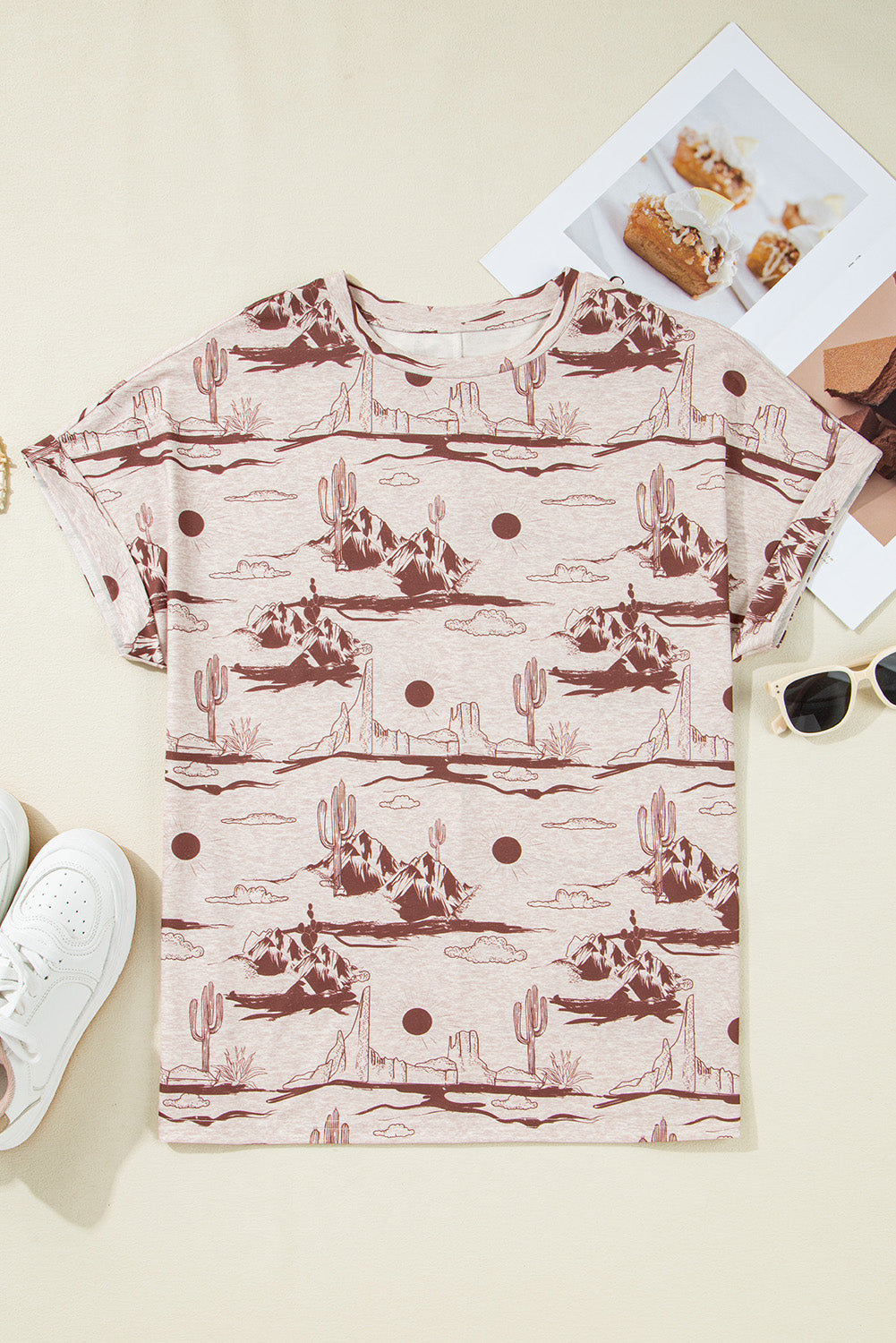Brown Desert Sand Print Short Sleeve Knit Top eAura
