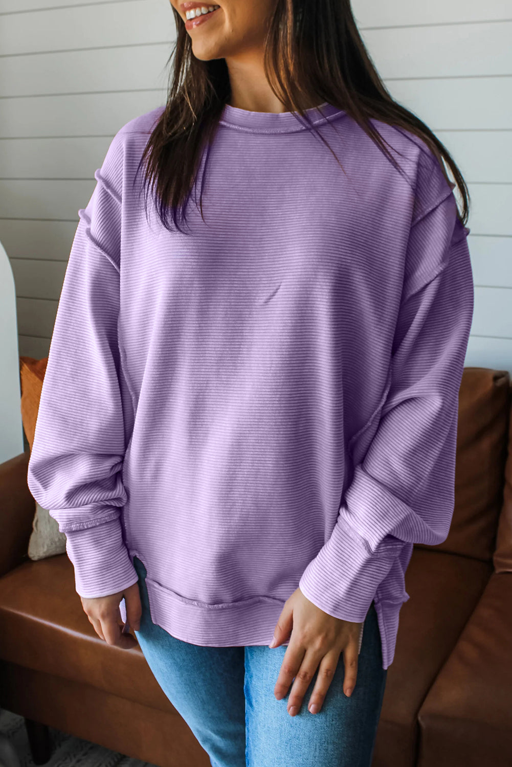 Horizontal Ribbed Exposed Seam Detail Drop Shoulder Baggy Pullover - Purple / S - Tops/Long Sleeve Tops