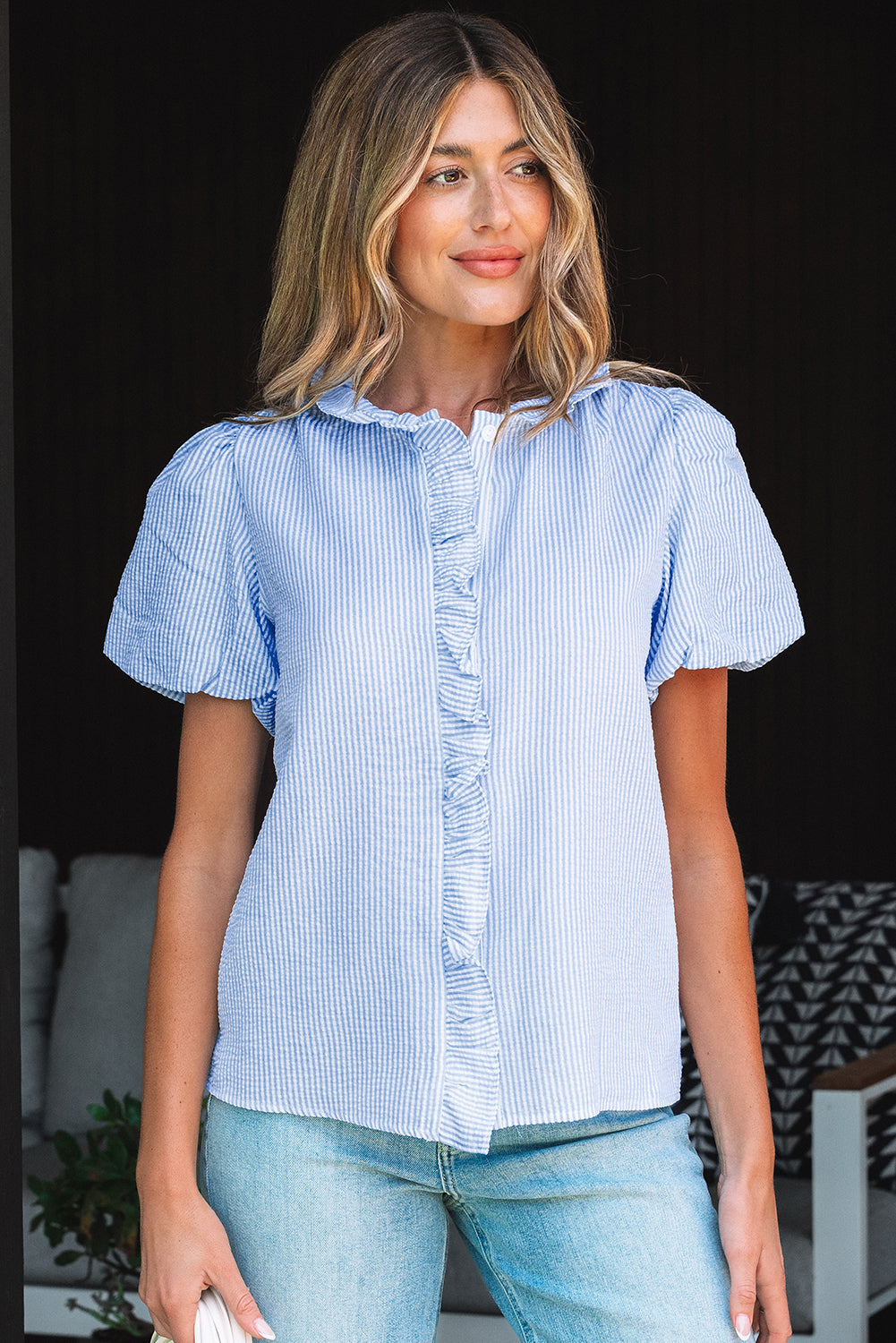 Striped Ruffle Short Bubble Sleeve Shirt eAura