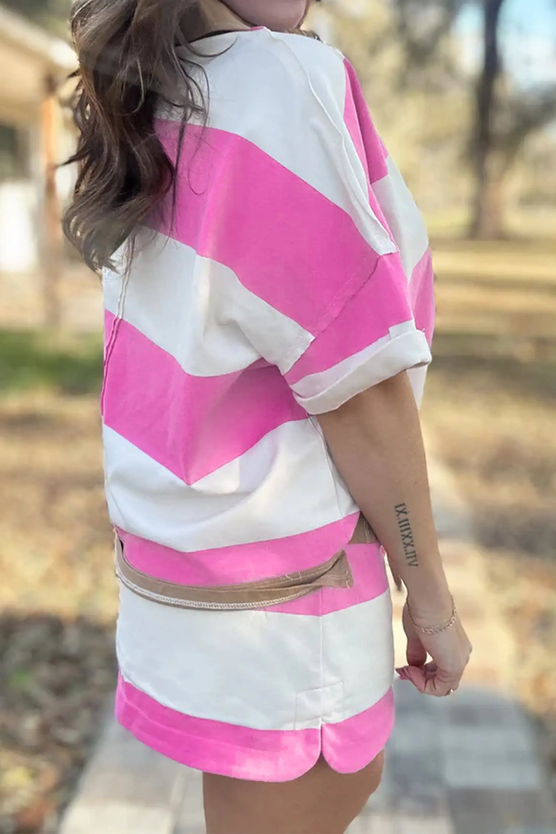 Colourblock Trim Polo Tee Drawstring Mini Skort 2pcs Set – Rose Stripe