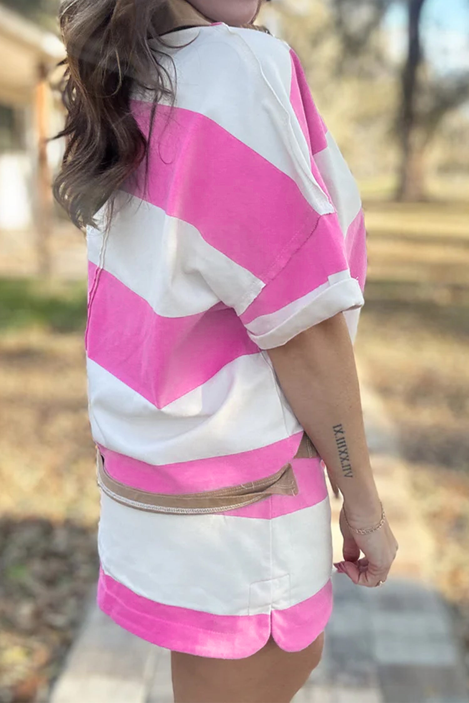 Colorblock Trim Polo Tee Drawstring Mini Skort 2pcs Set – Rose Stripe
