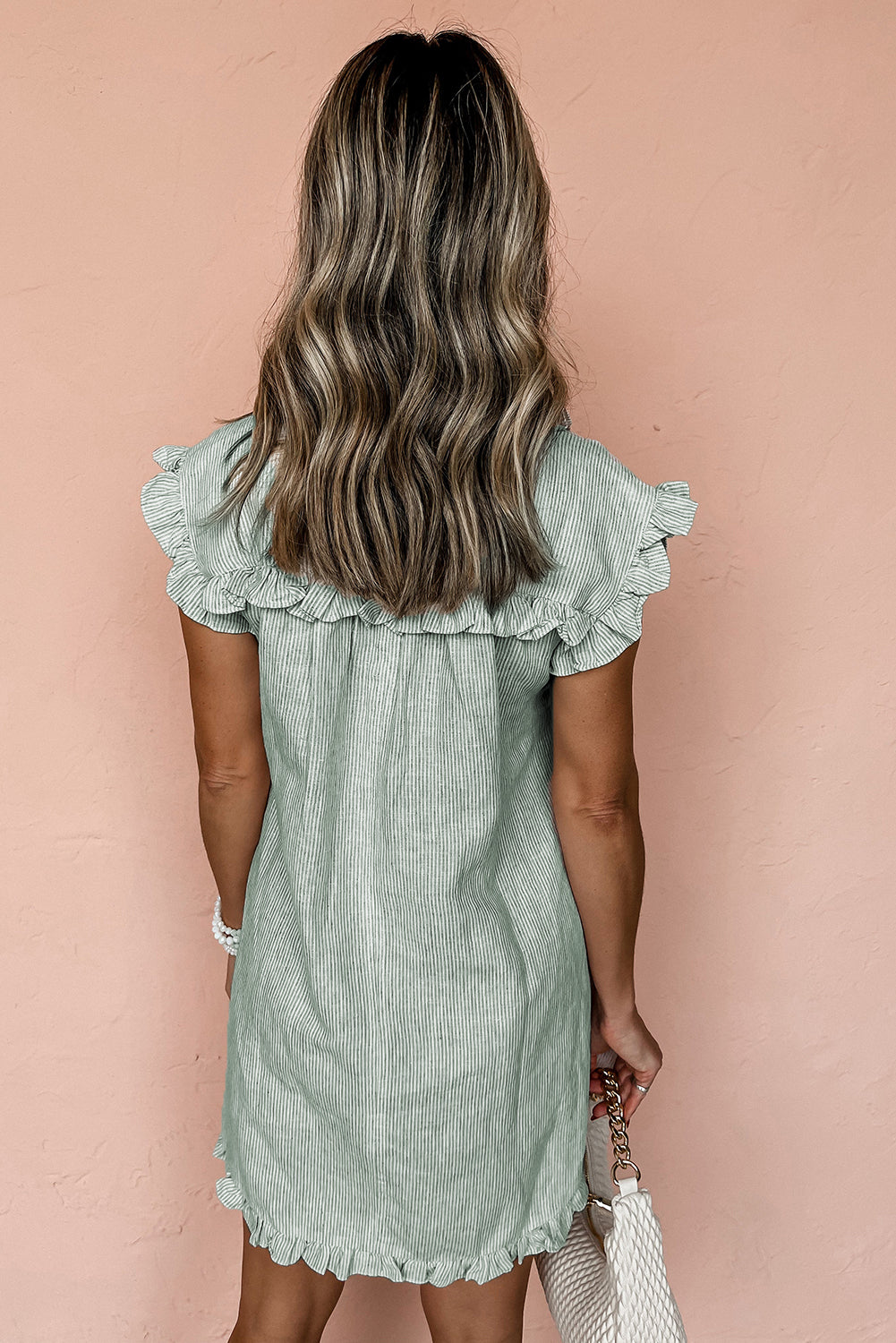 Green Stripe Frilled Sleeveless Collar Front Pocket Button Up Mini Dress eAura