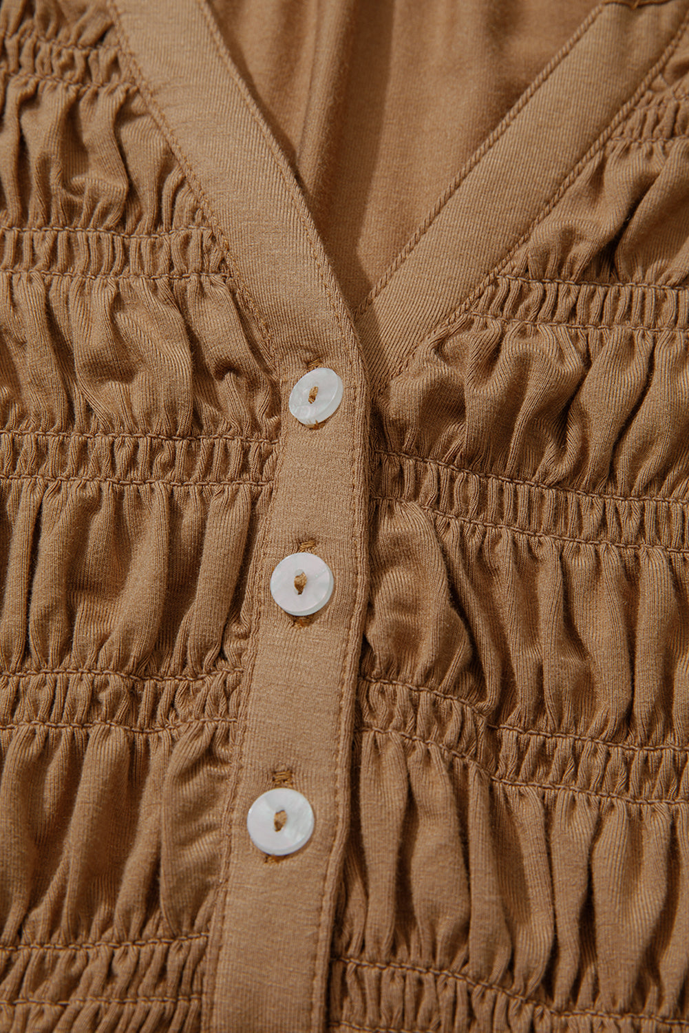 Smocked Bust Buttoned Split V Neck Flow Fit Blouse - eAura