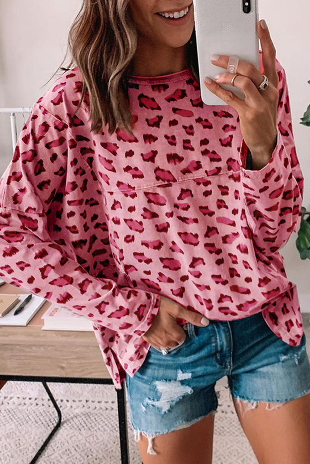 Brown Animal Print Stitching Loose Long Sleeve Top eAura