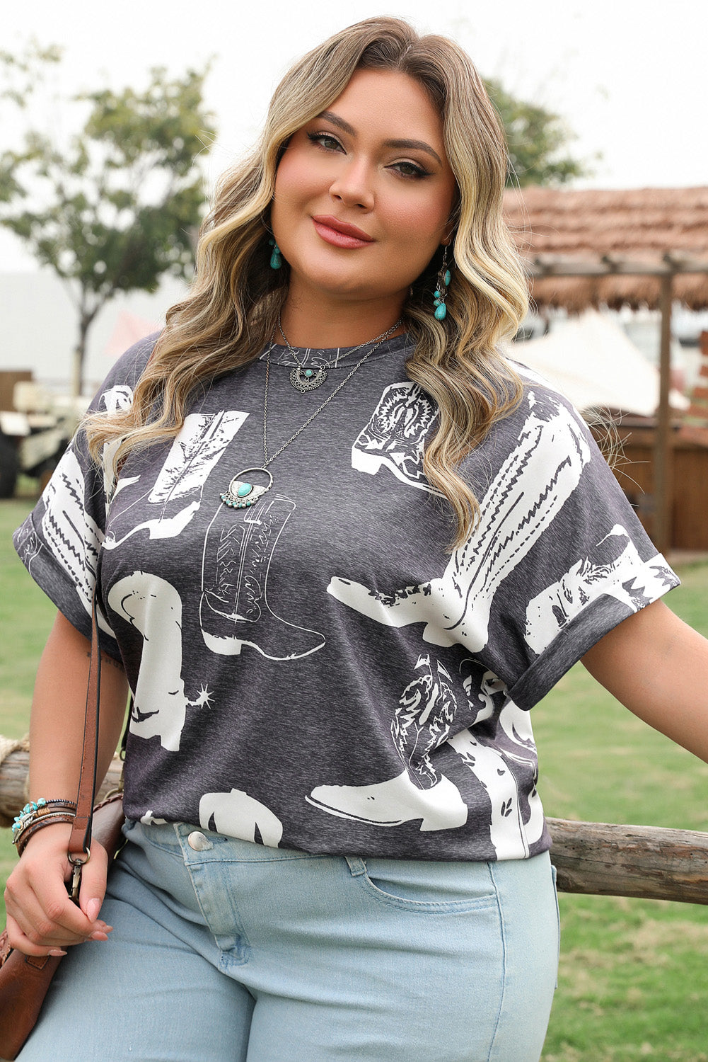 Grey Plus Size Western Boots Print Crew Neck T Shirt BB Fashion Outlet