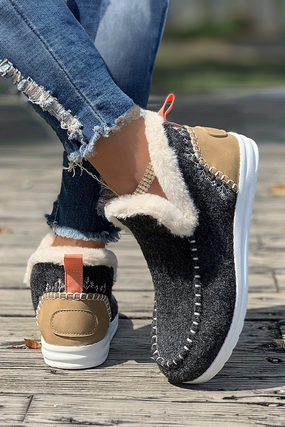 Beige Suede Stitching Patchwork Plush Lined Anklet Boots - eAura