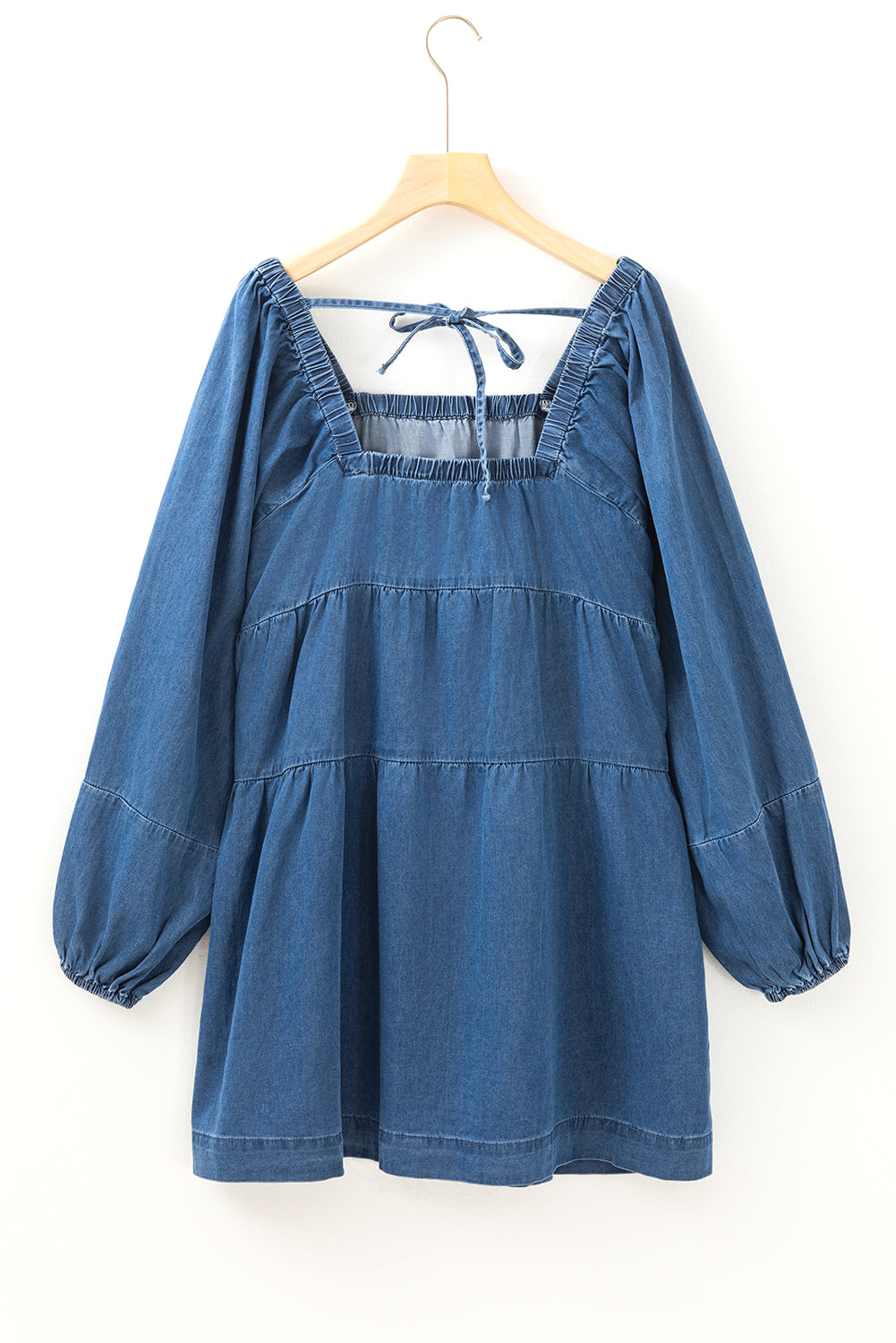 Dusk Blue Square Neck Side Pockets Loose Fit Denim Mini Dress Beagle Boutique Fashion Outlet