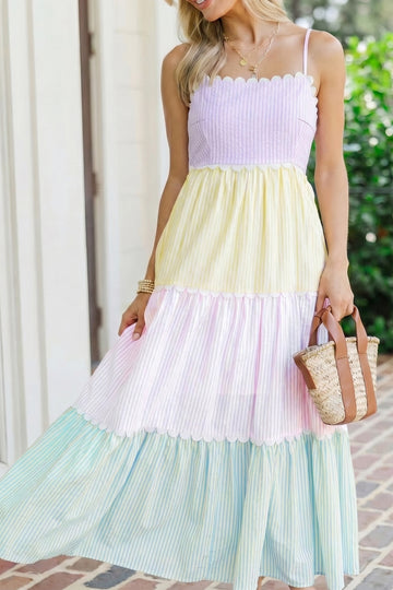 Striped Colourblock Scalloped Neck Smocked Maxi Dress
