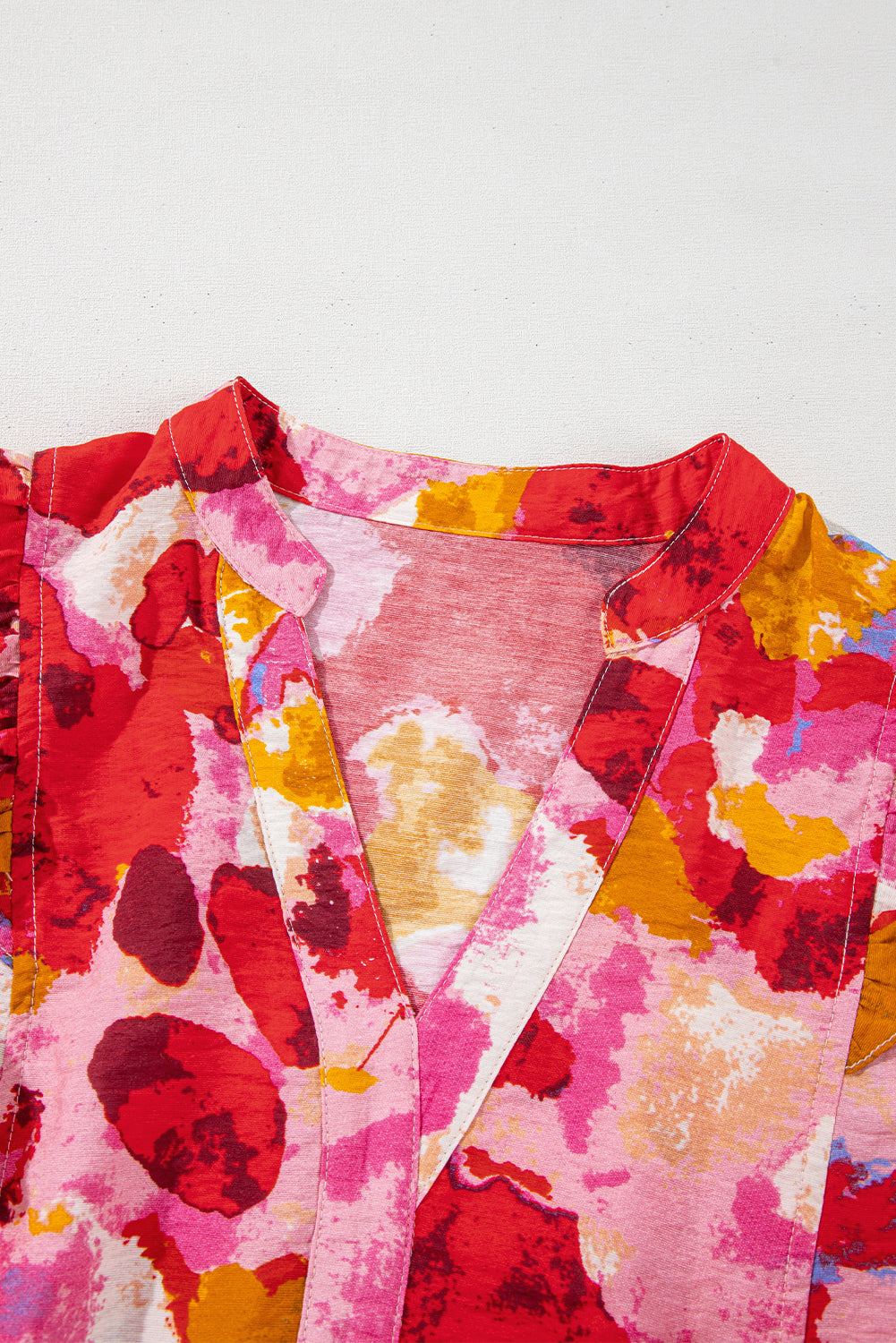 Red Abstract Print Split V Neck Ruffle Short Sleeve Blouse eAura